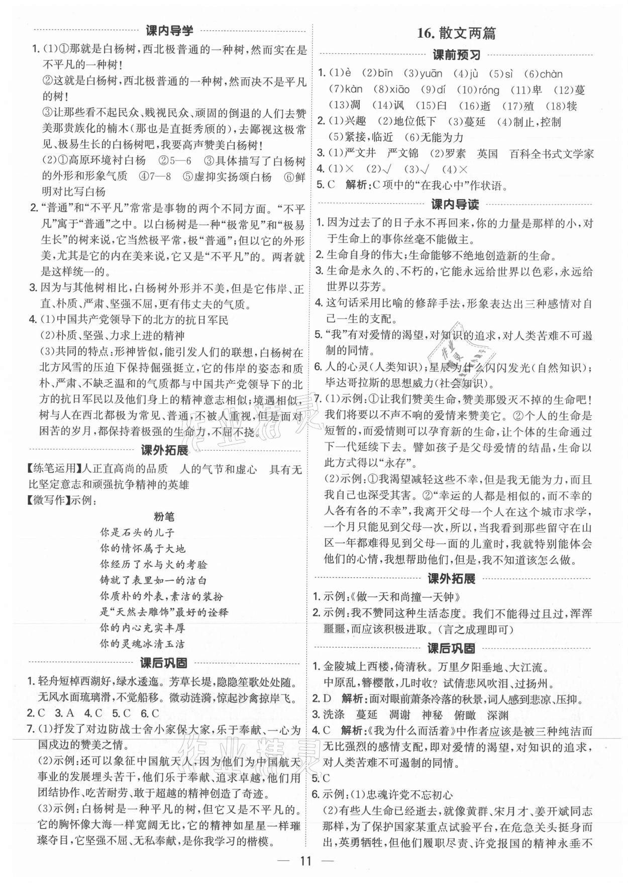 2021年考點專練八年級語文上冊人教版深圳專版 參考答案第11頁