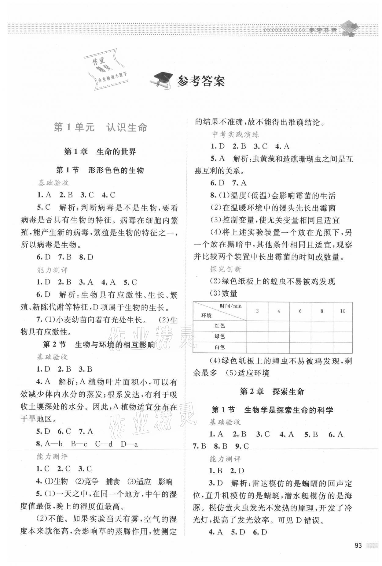 2021年课堂精练七年级生物上册北师大版双色 参考答案第1页