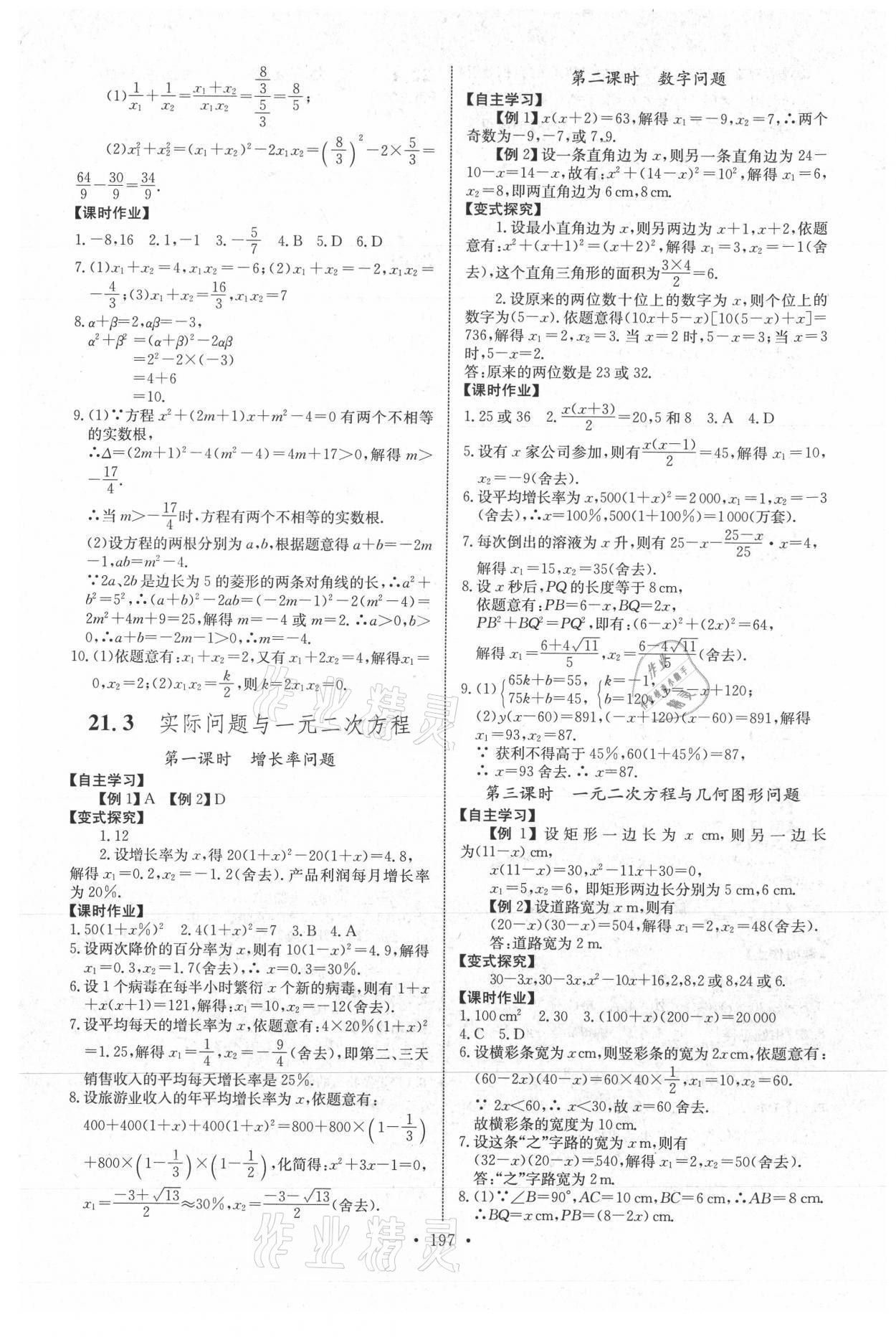 2021年长江全能学案同步练习册九年级数学全一册人教版 参考答案第3页