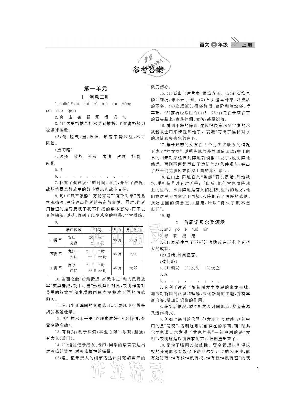 2021年課堂作業(yè)武漢出版社八年級(jí)語文上冊(cè)人教版 參考答案第1頁