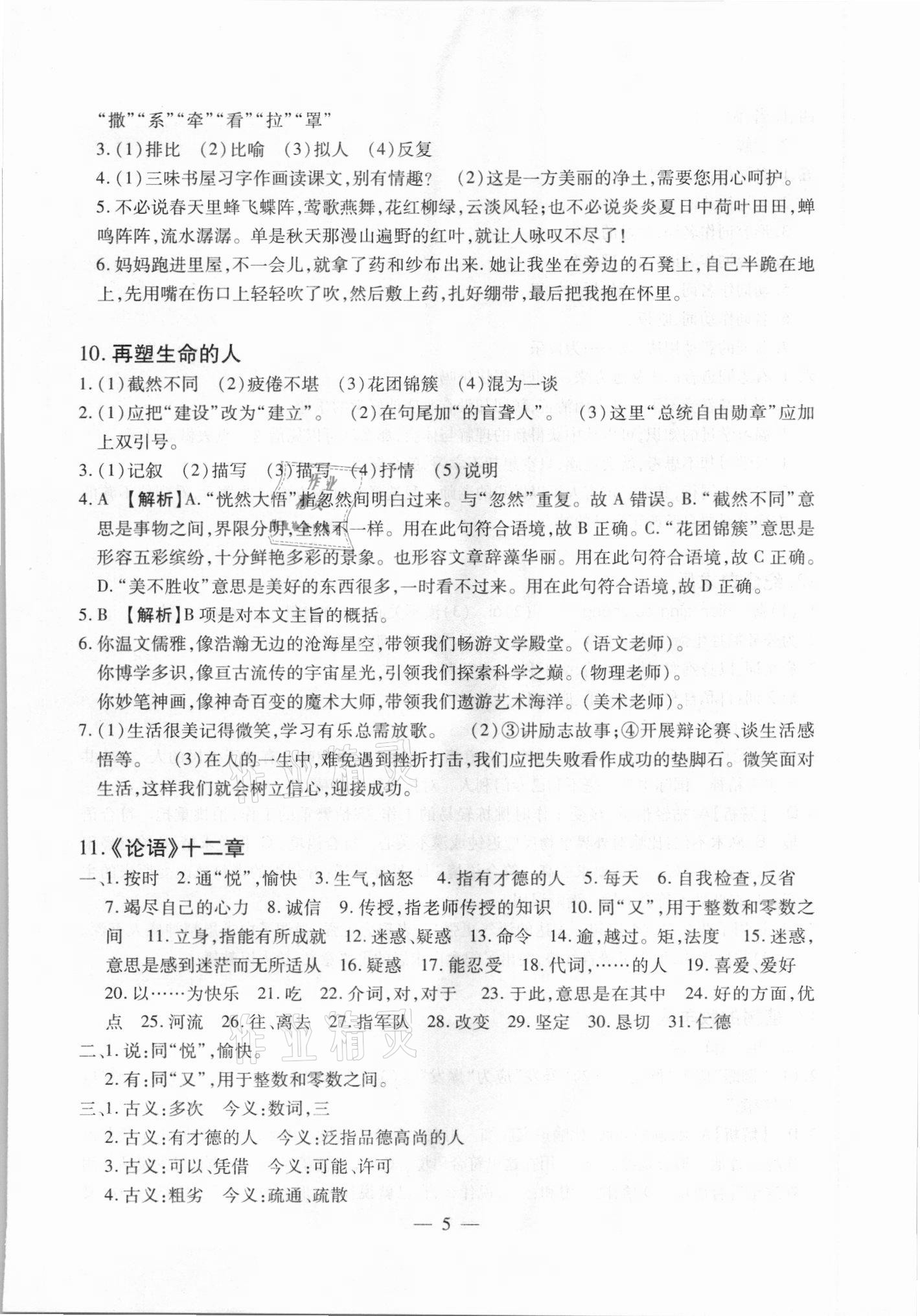 2021年聚能集训七年级语文上册人教版深圳专版&nbsp;参考答案第5页