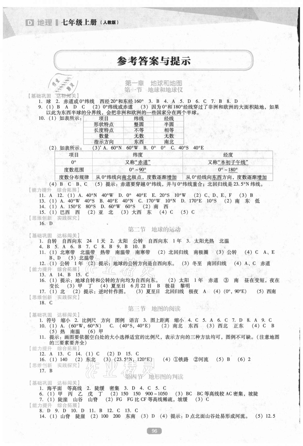 2021年新课程能力培养七年级地理上册人教版D版 参考答案第1页