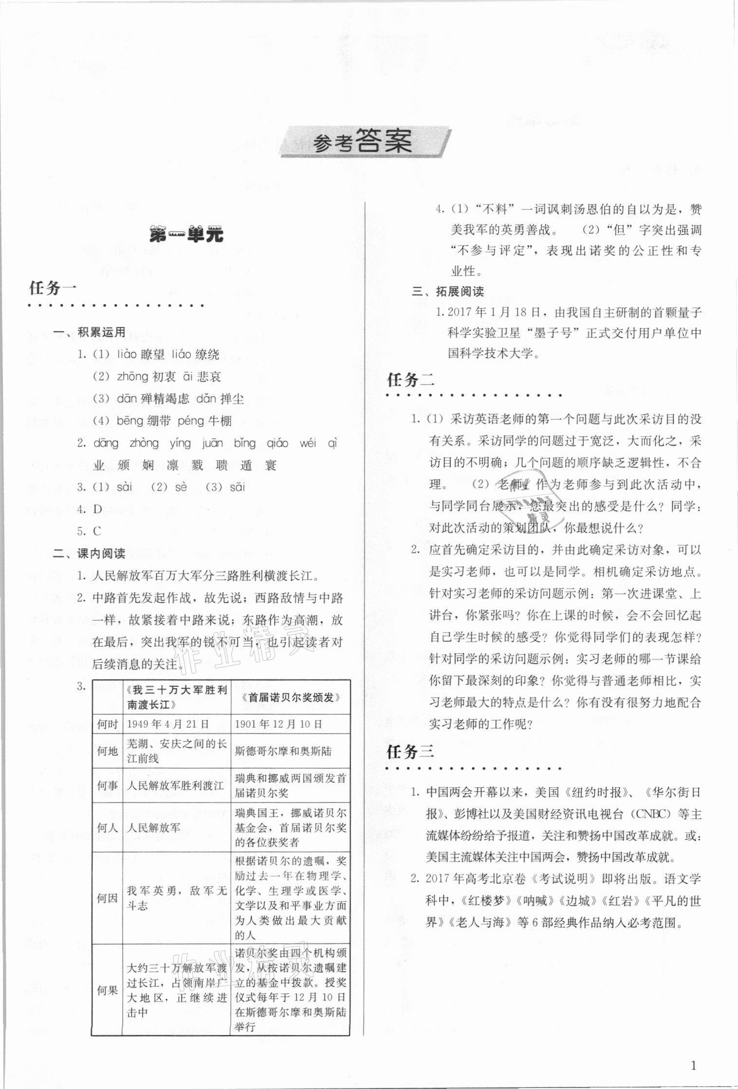 2021年補(bǔ)充習(xí)題八年級語文上冊人教版 參考答案第1頁