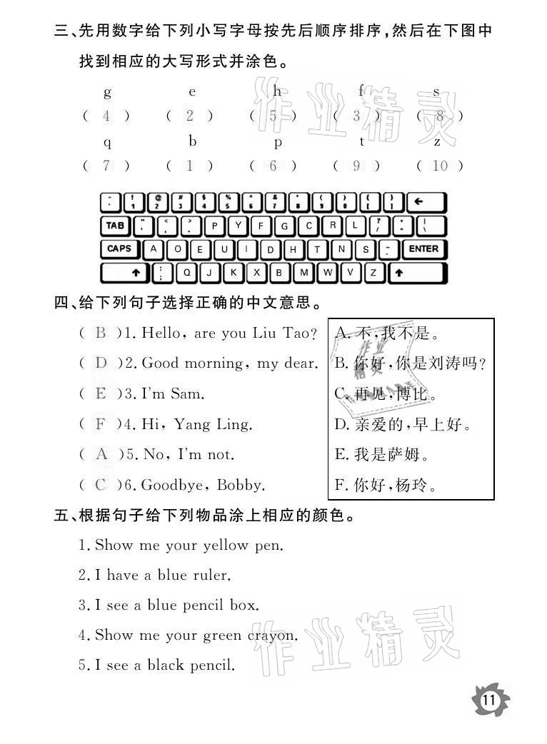 2021年課堂作業(yè)本三年級英語上冊人教PEP版江西教育出版社 參考答案第11頁