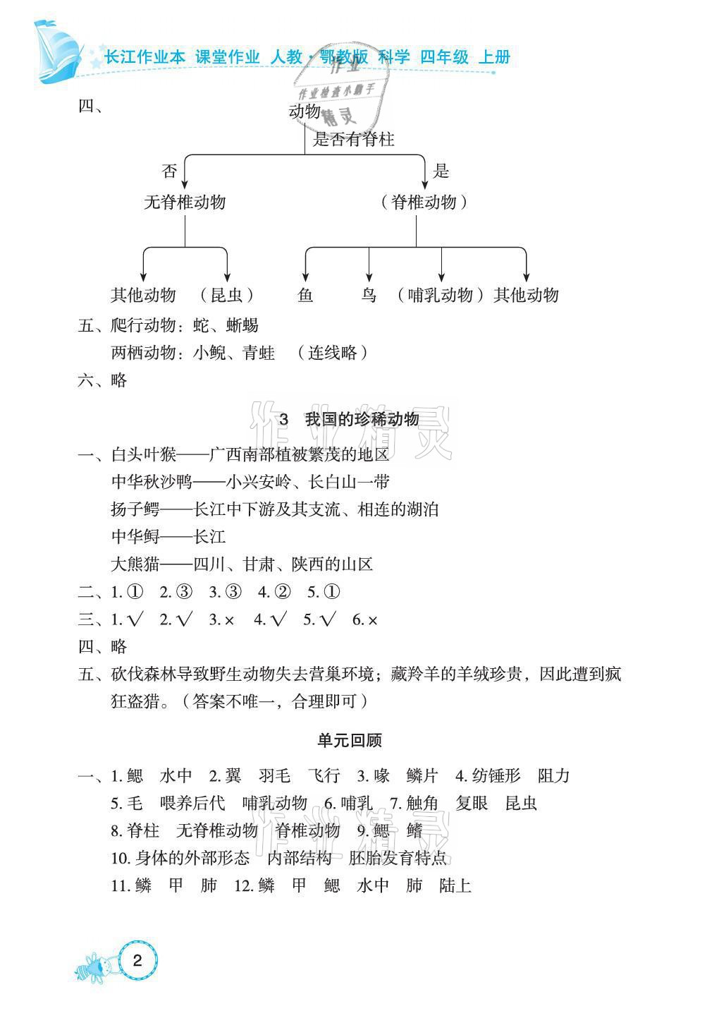 2021年長江作業(yè)本課堂作業(yè)四年級科學上冊鄂教版 參考答案第2頁