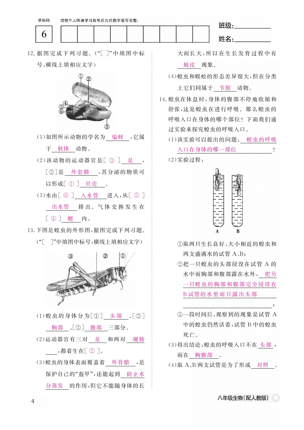 2021年作业本八年级生物上册人教版江西教育出版社 参考答案第4页