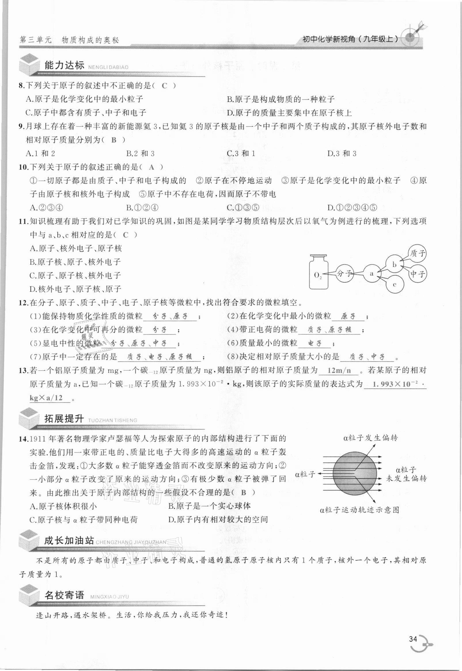 2021年新視角教輔系列叢書九年級化學(xué)上冊人教版 參考答案第34頁