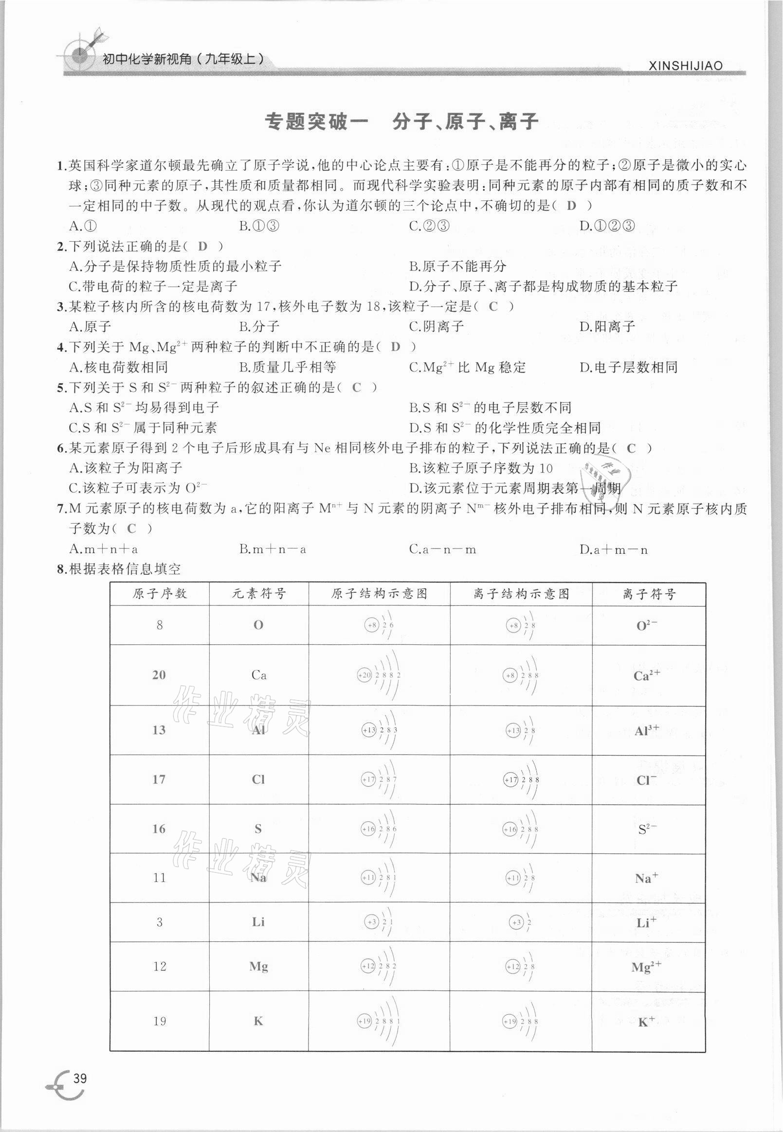 2021年新視角教輔系列叢書九年級化學(xué)上冊人教版 參考答案第39頁