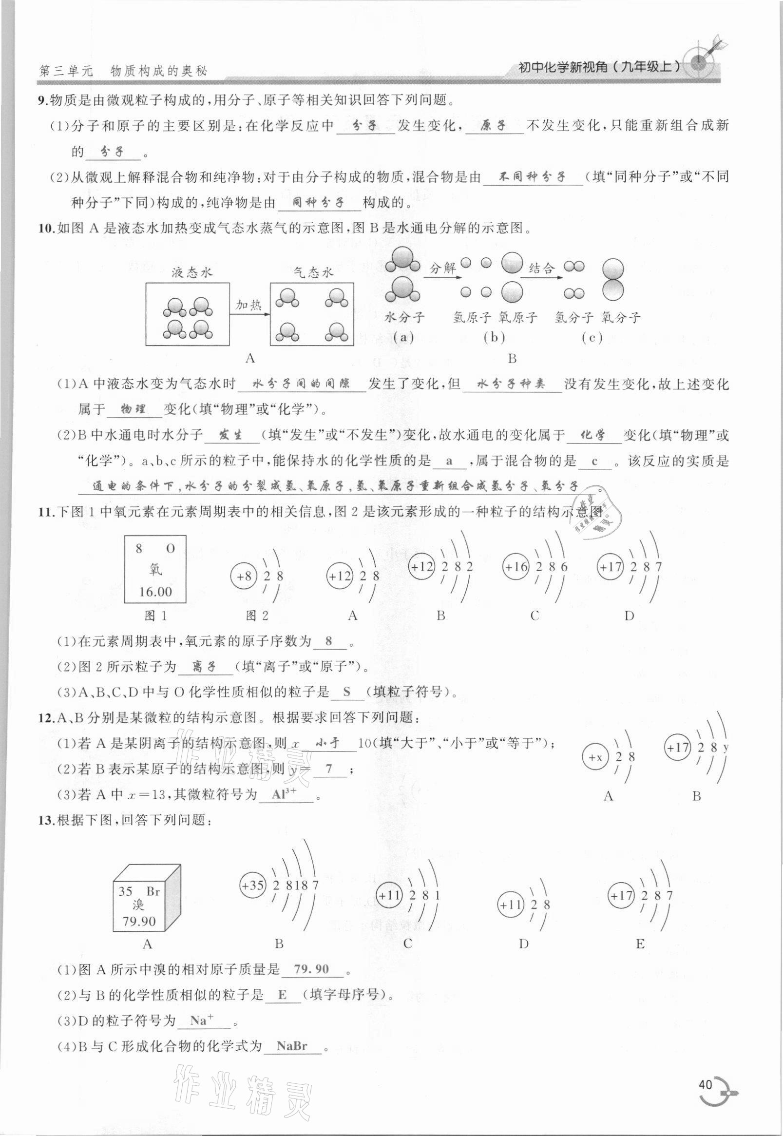 2021年新視角教輔系列叢書九年級化學(xué)上冊人教版 參考答案第40頁