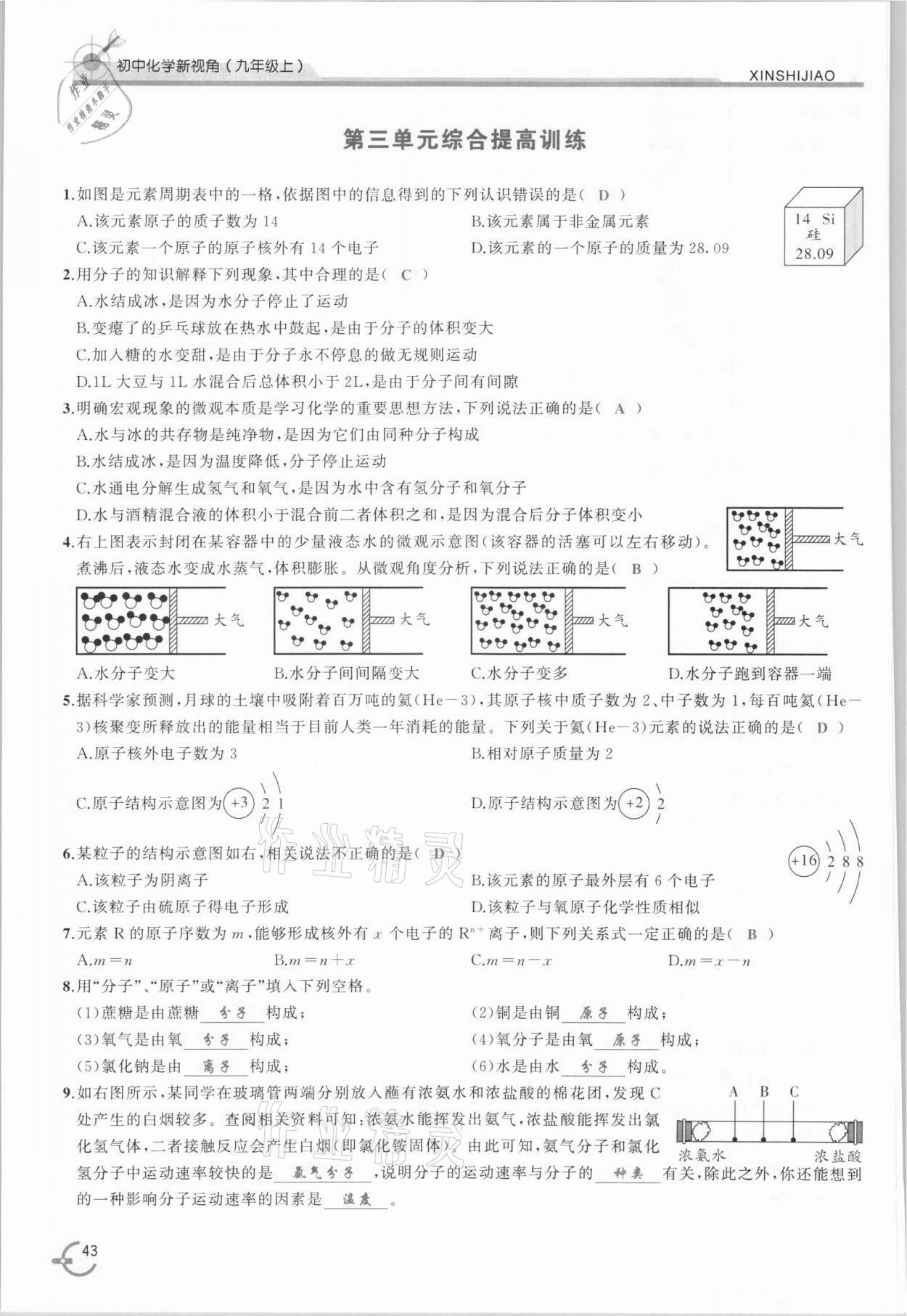 2021年新视角教辅系列丛书九年级化学上册人教版 参考答案第43页