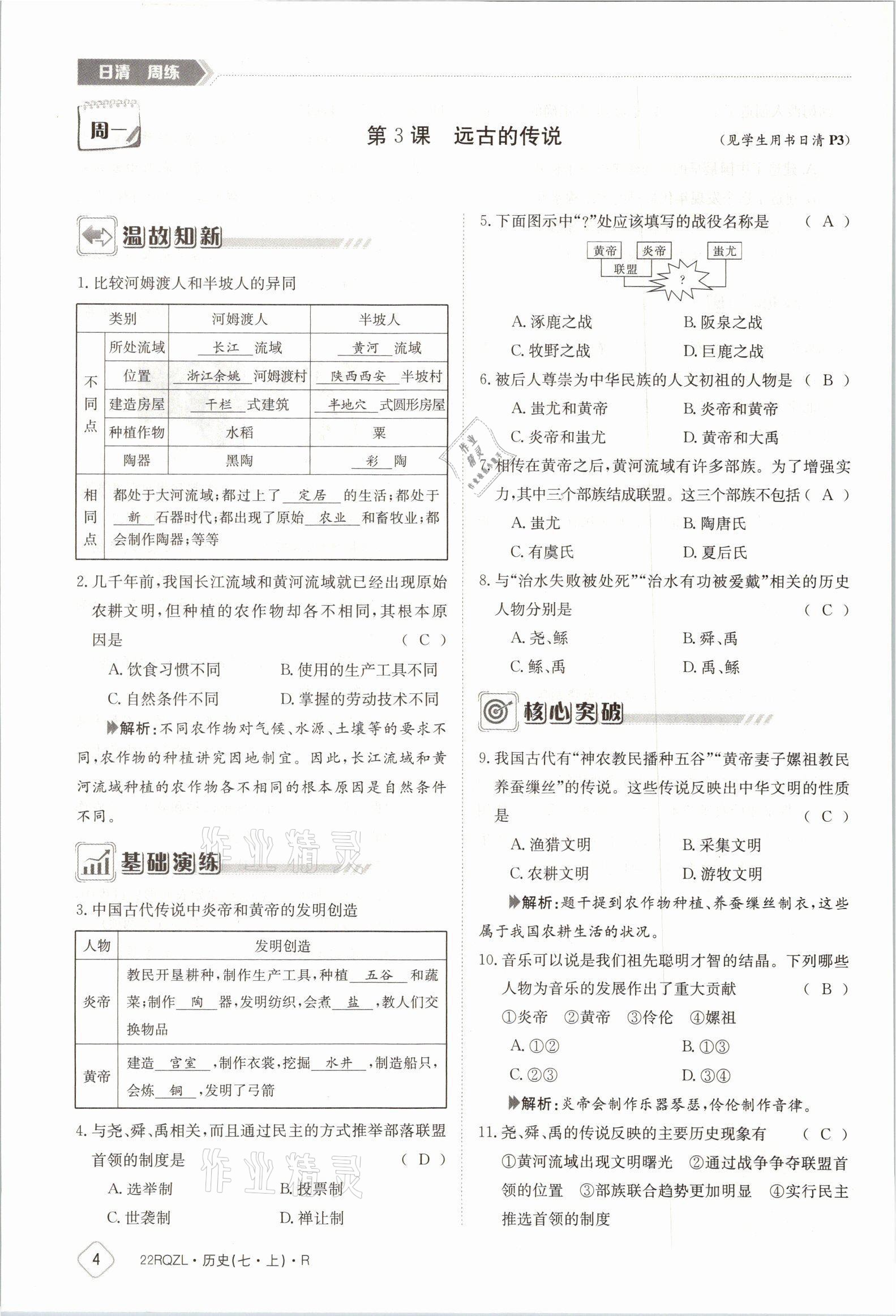 2021年日清周练七年级历史上册人教版 参考答案第5页