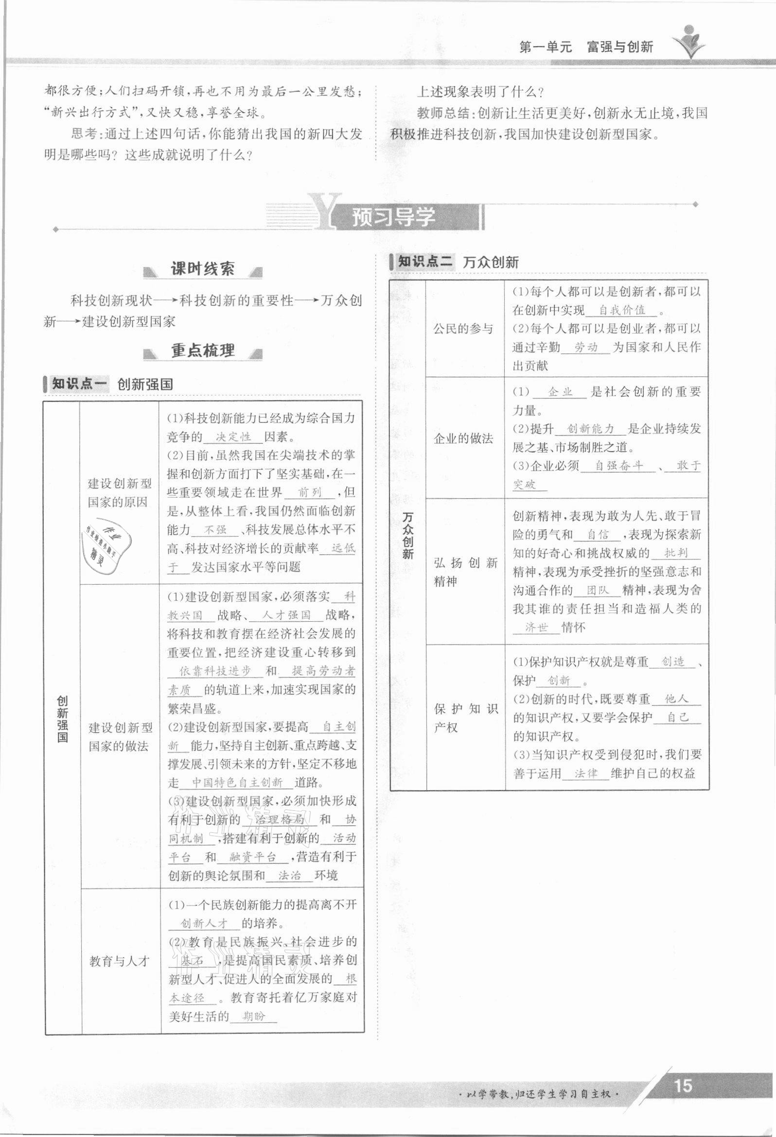 2021年金太阳导学案九年级道德与法治全一册人教版 参考答案第15页