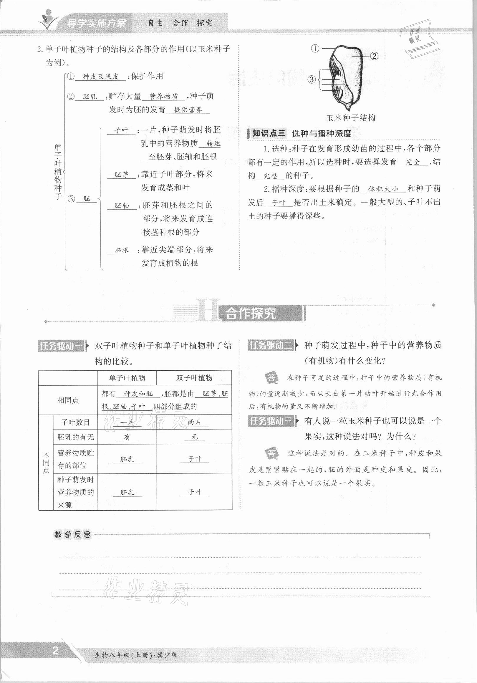 2021年金太阳导学案八年级生物上册冀少版 参考答案第2页