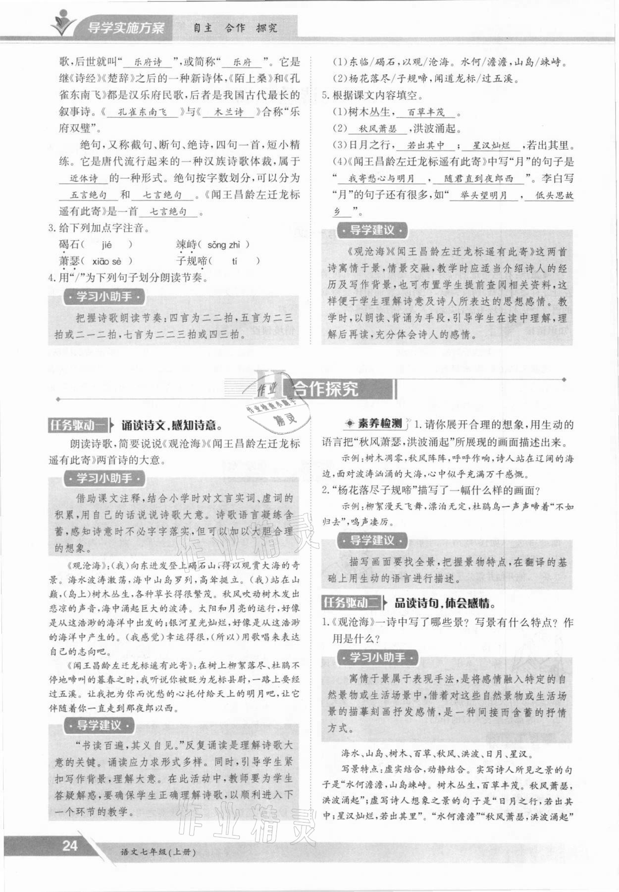 2021年三段六步導(dǎo)學(xué)案七年級(jí)語(yǔ)文上冊(cè)人教版 參考答案第24頁(yè)