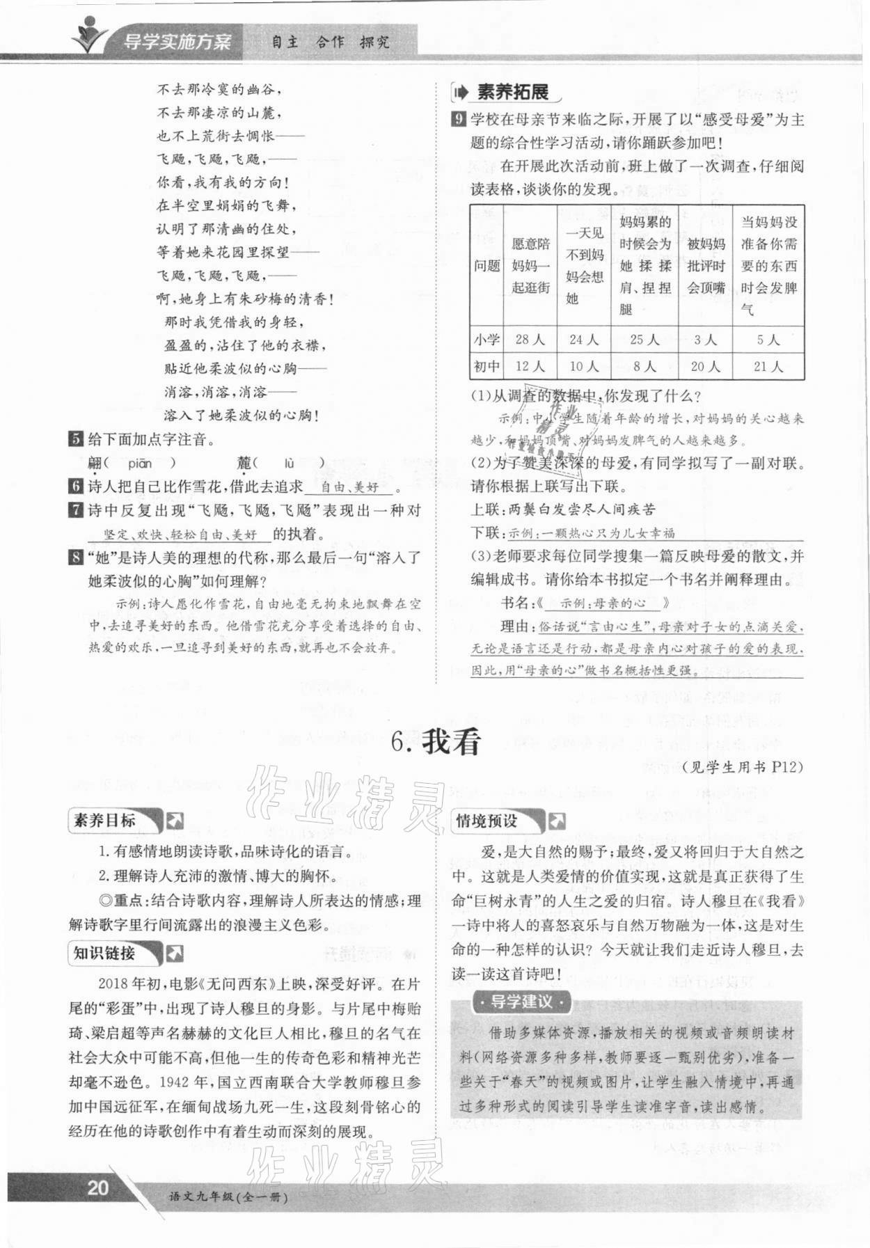 2021年三段六步導(dǎo)學(xué)案九年級語文全一冊人教版 參考答案第20頁