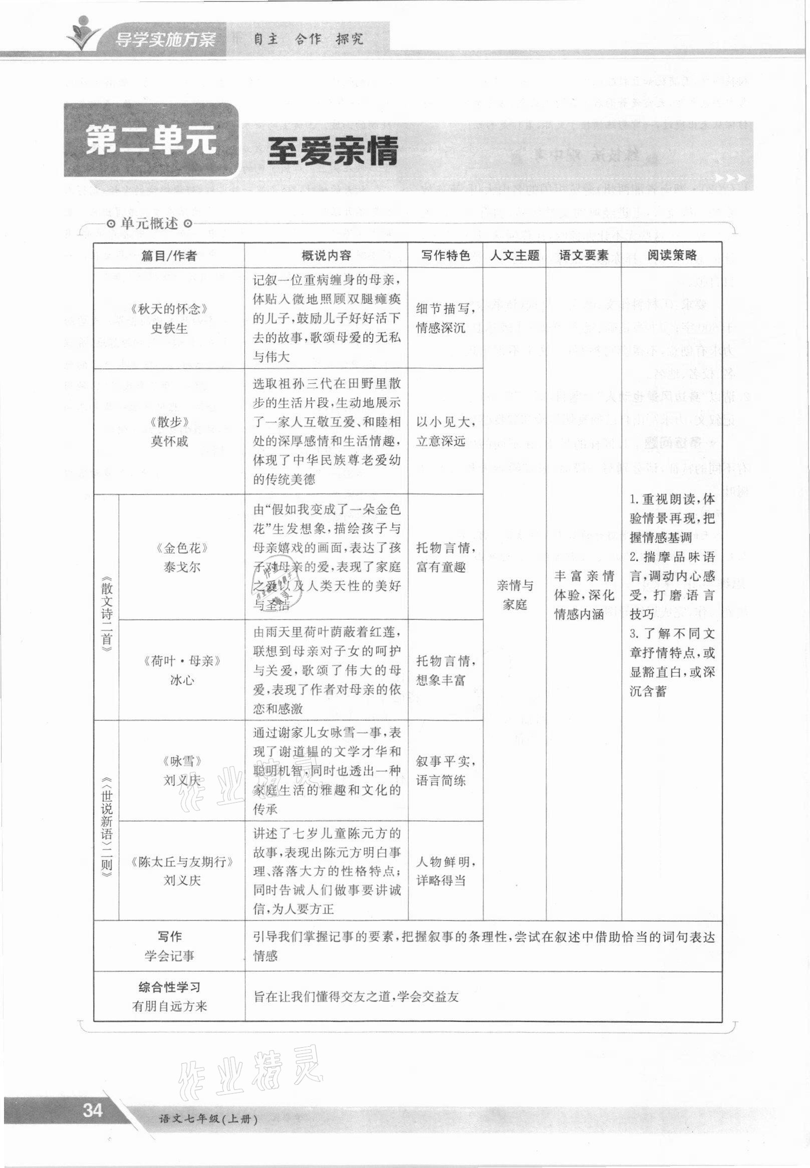 2021年金太陽導(dǎo)學(xué)案七年級語文上冊人教版 參考答案第34頁