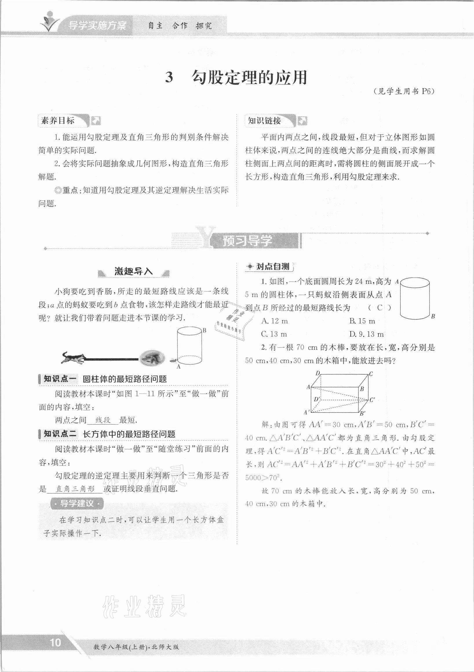 2021年金太陽導(dǎo)學(xué)案八年級數(shù)學(xué)上冊北師大版 參考答案第10頁