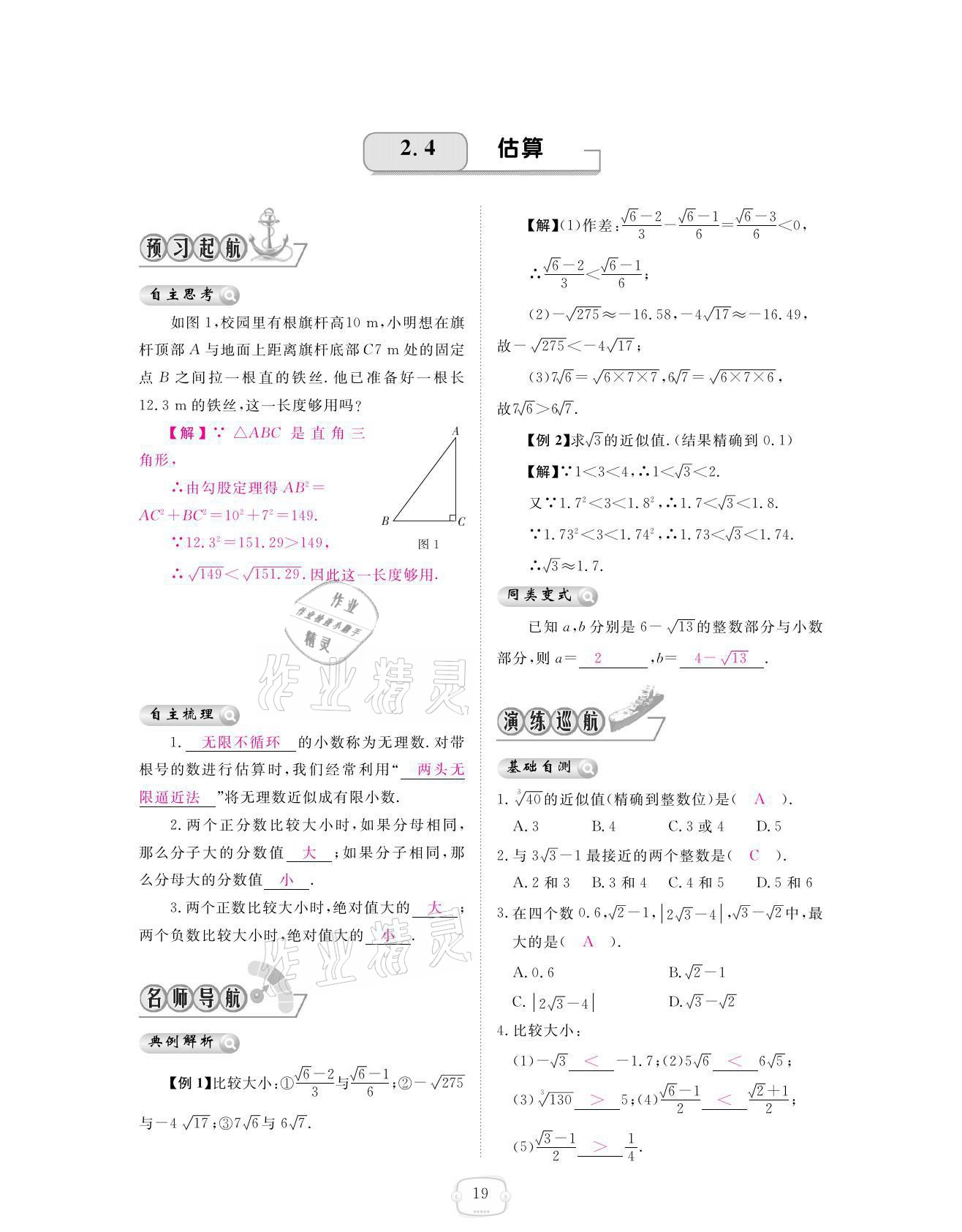 2021年領(lǐng)航新課標(biāo)練習(xí)冊八年級數(shù)學(xué)上冊北師大版 參考答案第19頁