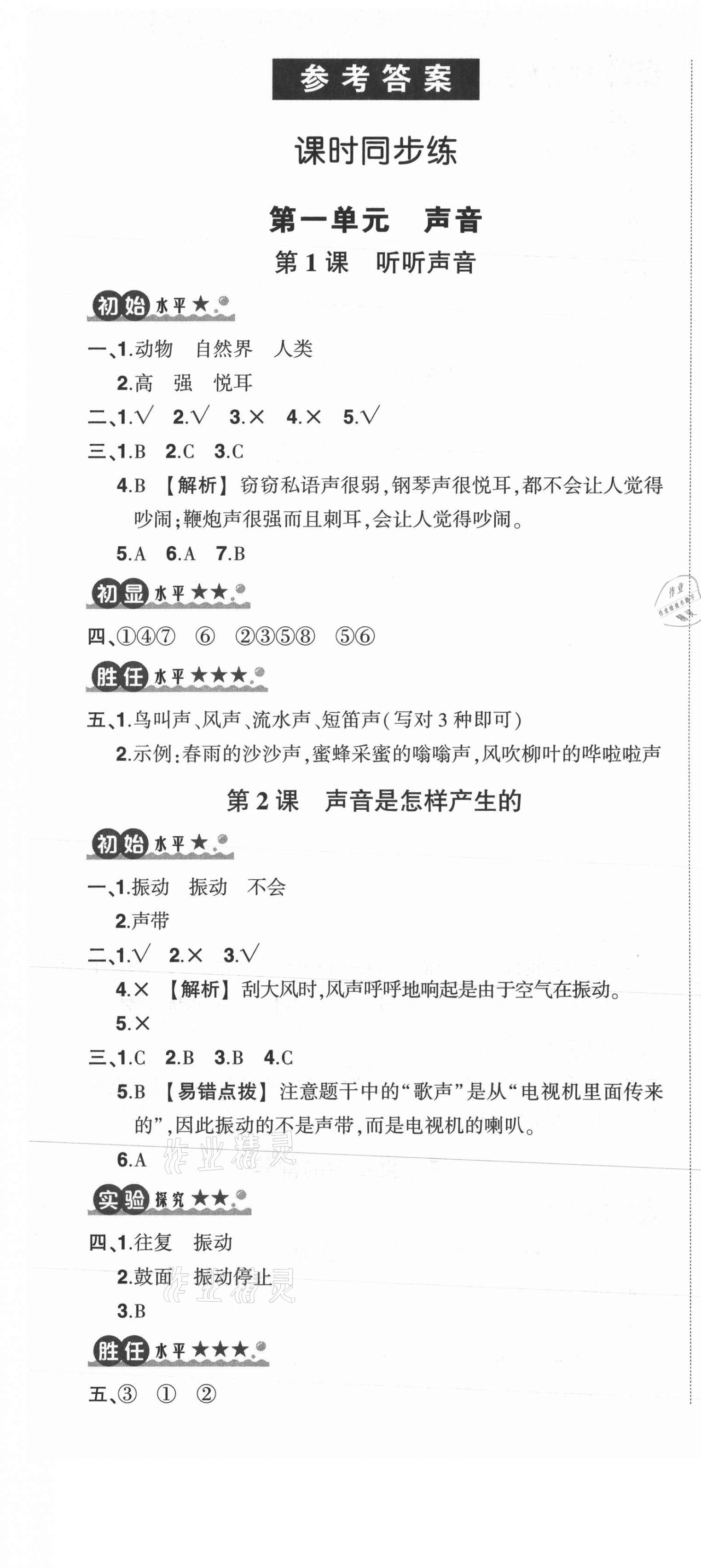 2021年状元成才路创优作业100分四年级科学上册教科版 参考答案第1页