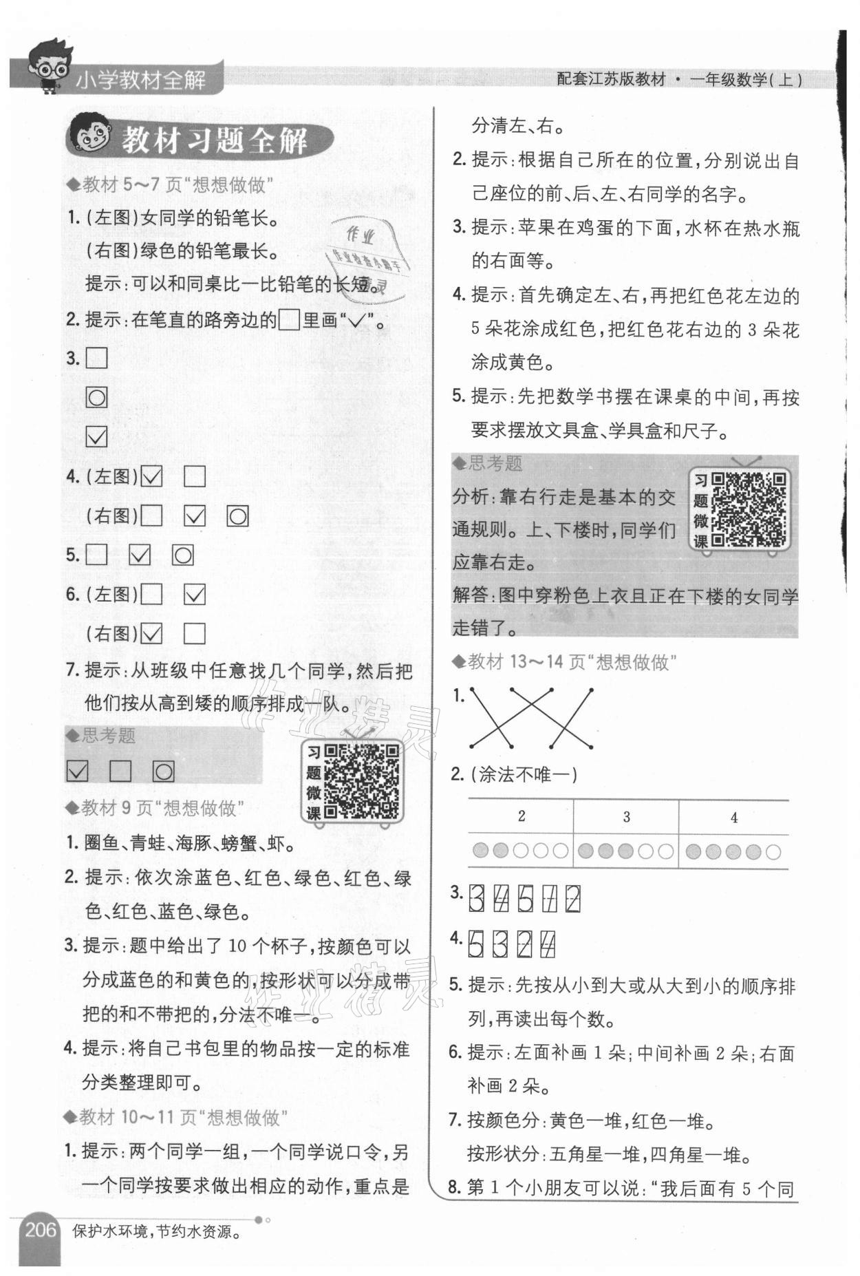 2021年教材课本一年级数学上册苏教版 参考答案第1页