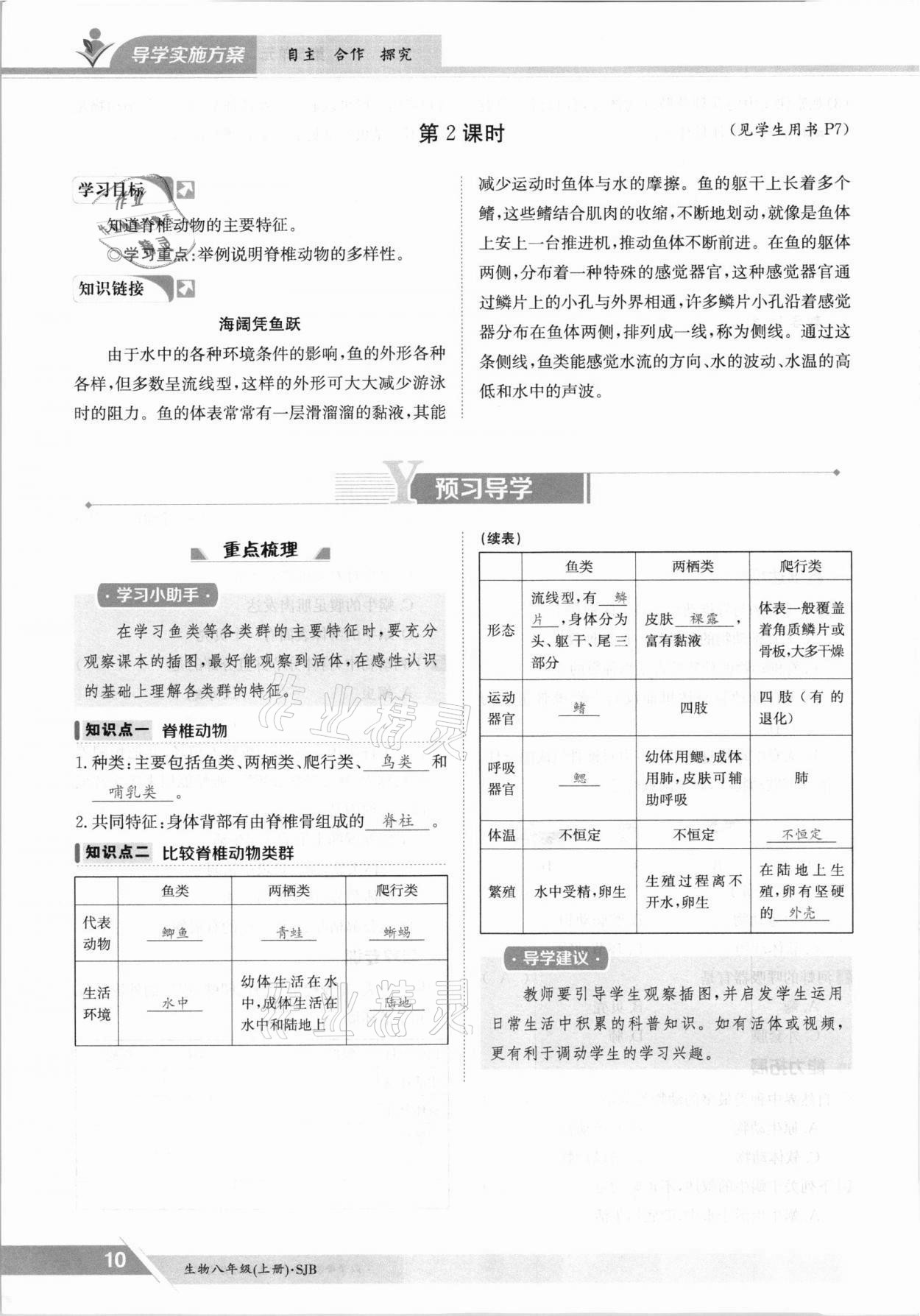 2021年三段六步導學案八年級生物上冊蘇教版 參考答案第10頁