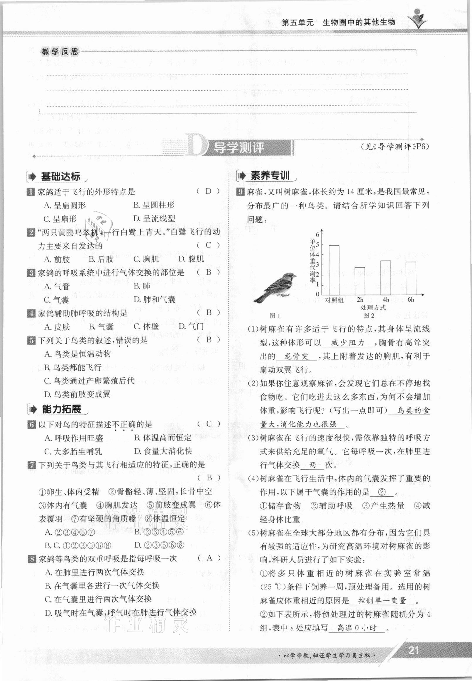 2021年三段六步導學案八年級生物上冊人教版 參考答案第21頁