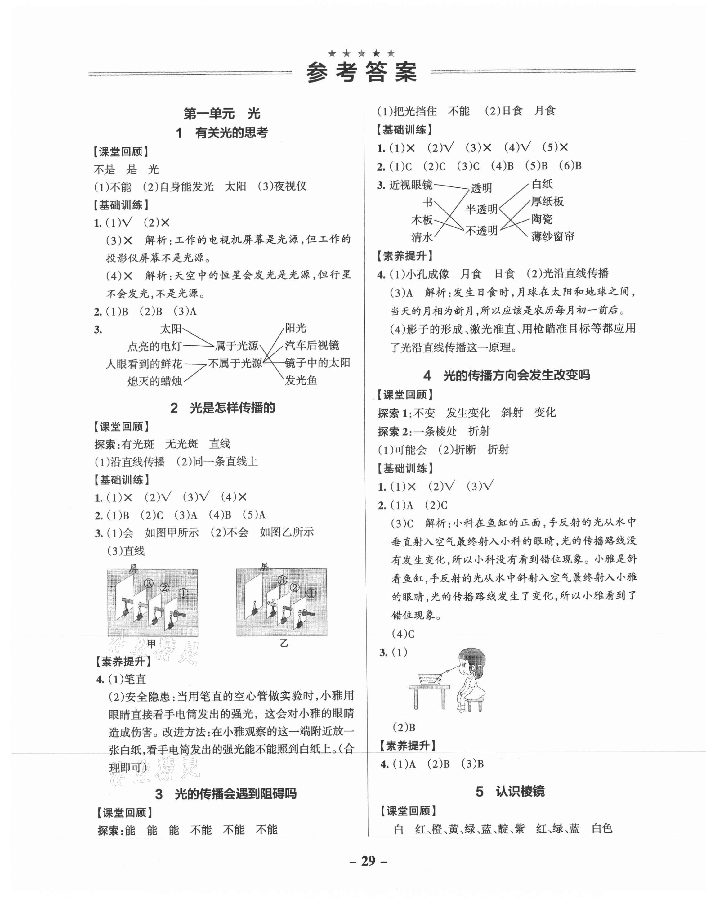 2021年小学学霸作业本五年级科学上册教科版 参考答案第1页