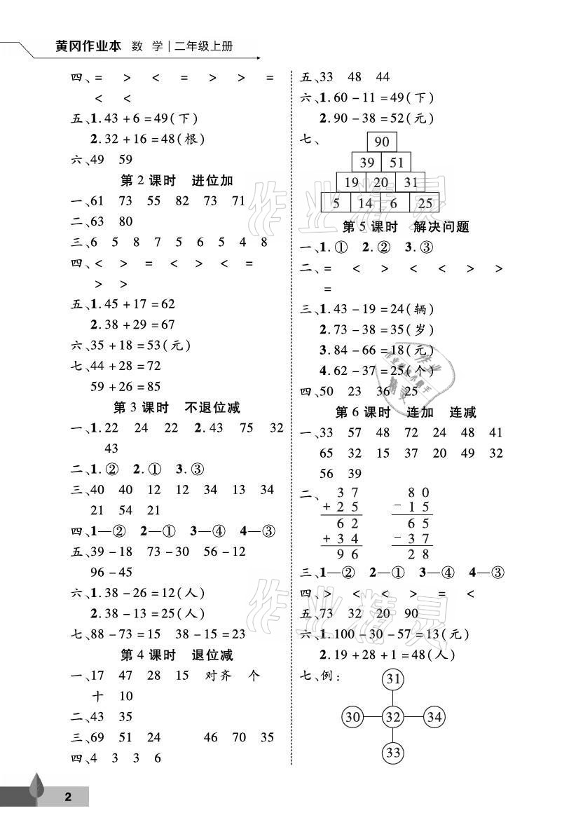 2021年黃岡作業(yè)本二年級(jí)數(shù)學(xué)上冊(cè)人教版武漢大學(xué)出版社 參考答案第2頁