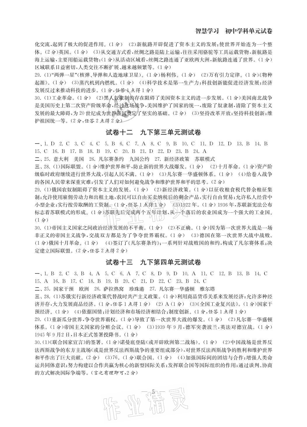 2021年智慧學(xué)習(xí)初中學(xué)科單元試卷九年級歷史全一冊人教版 參考答案第5頁