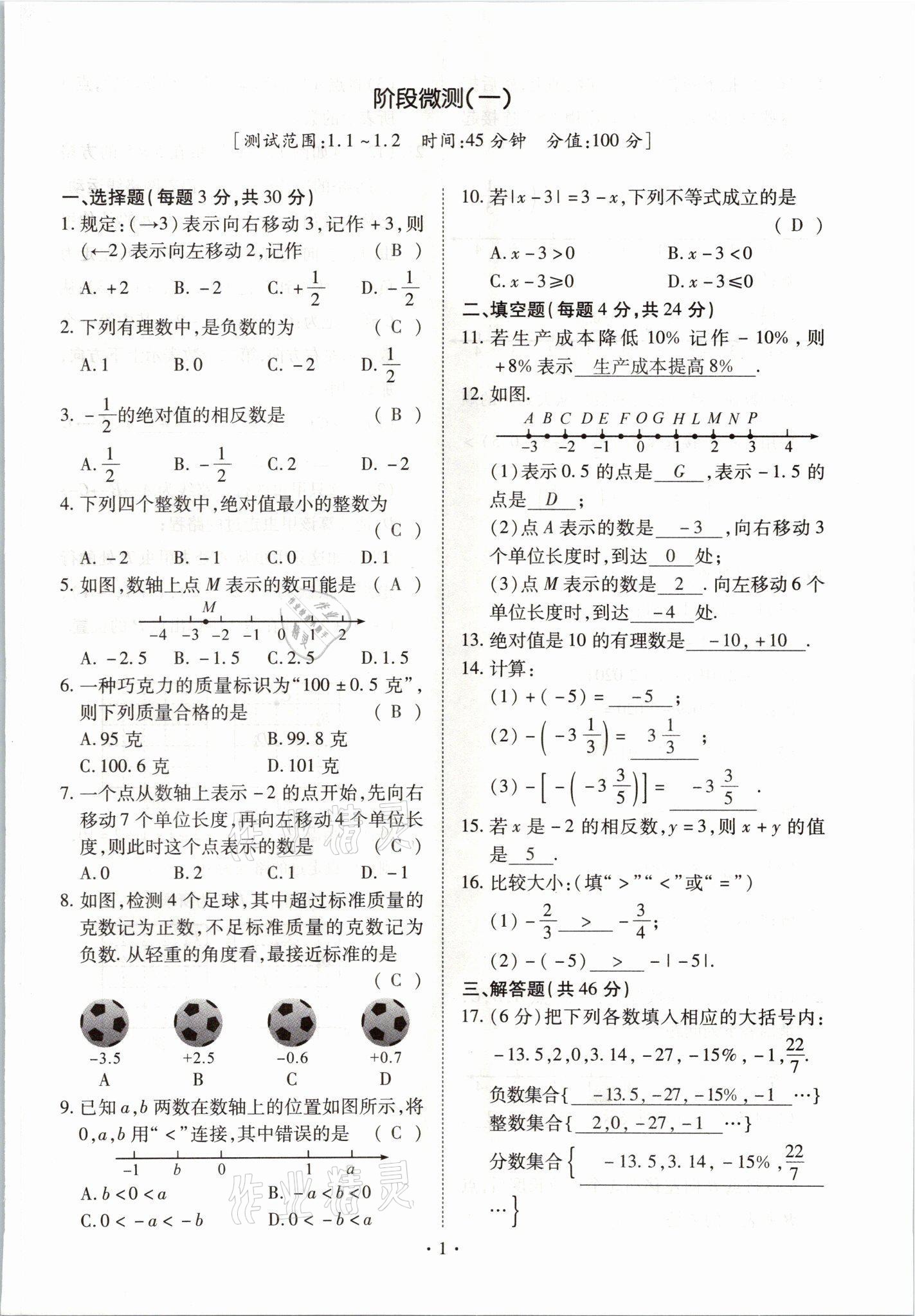 2021年我的作業(yè)七年級數(shù)學(xué)上冊人教版 參考答案第1頁