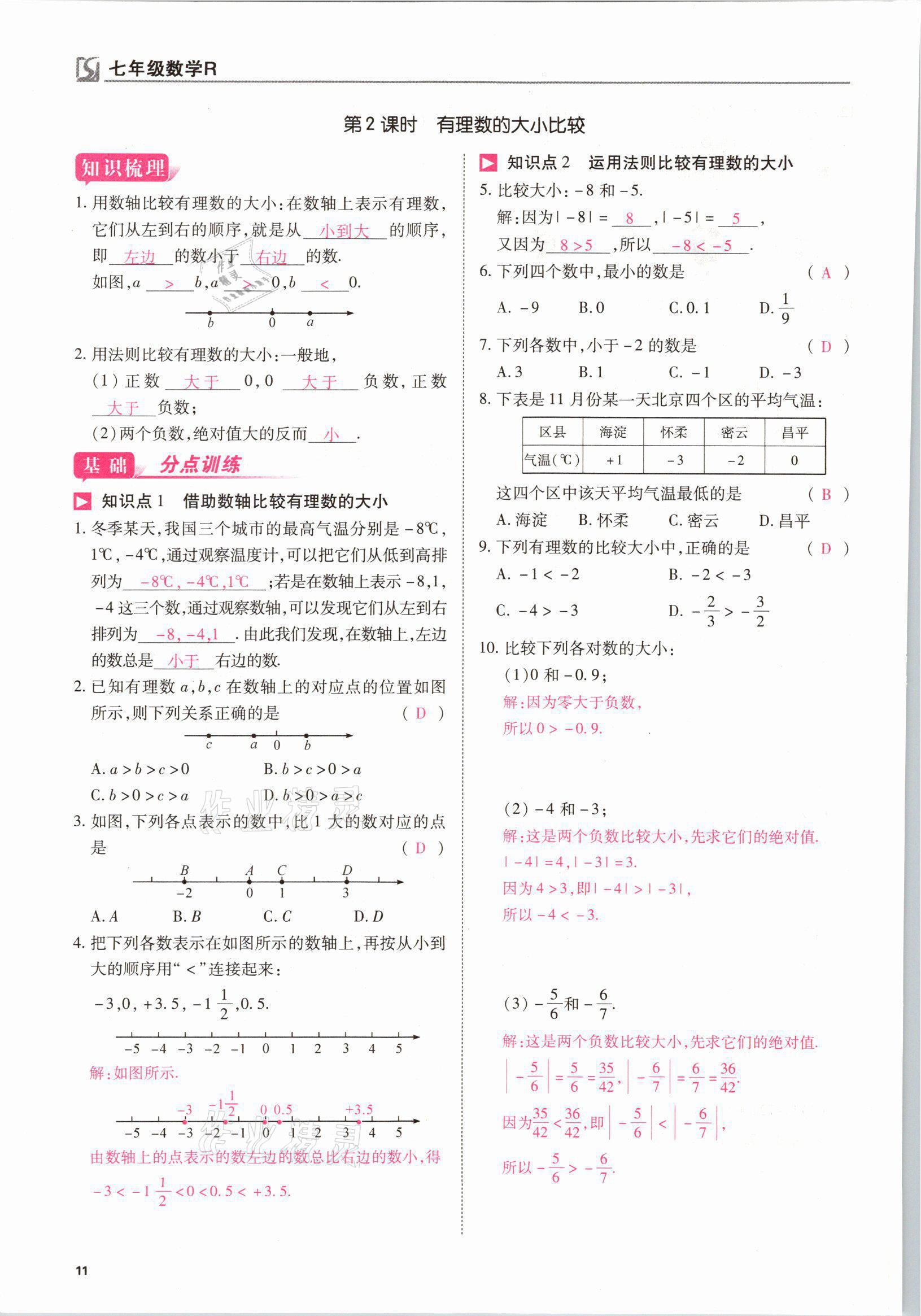 2021年我的作業(yè)七年級數(shù)學(xué)上冊人教版 參考答案第11頁