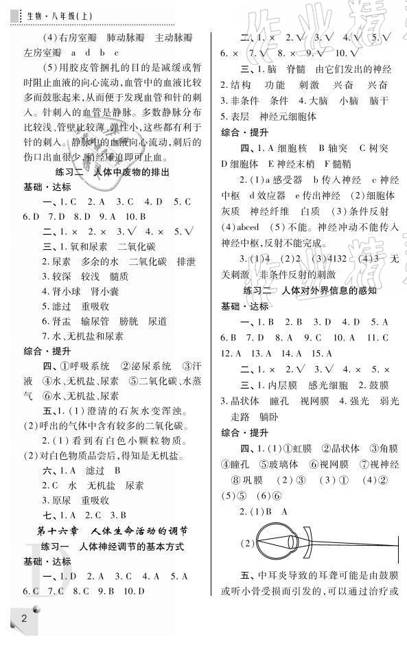 2021年课堂练习册八年级生物上册苏科版D 参考答案第2页