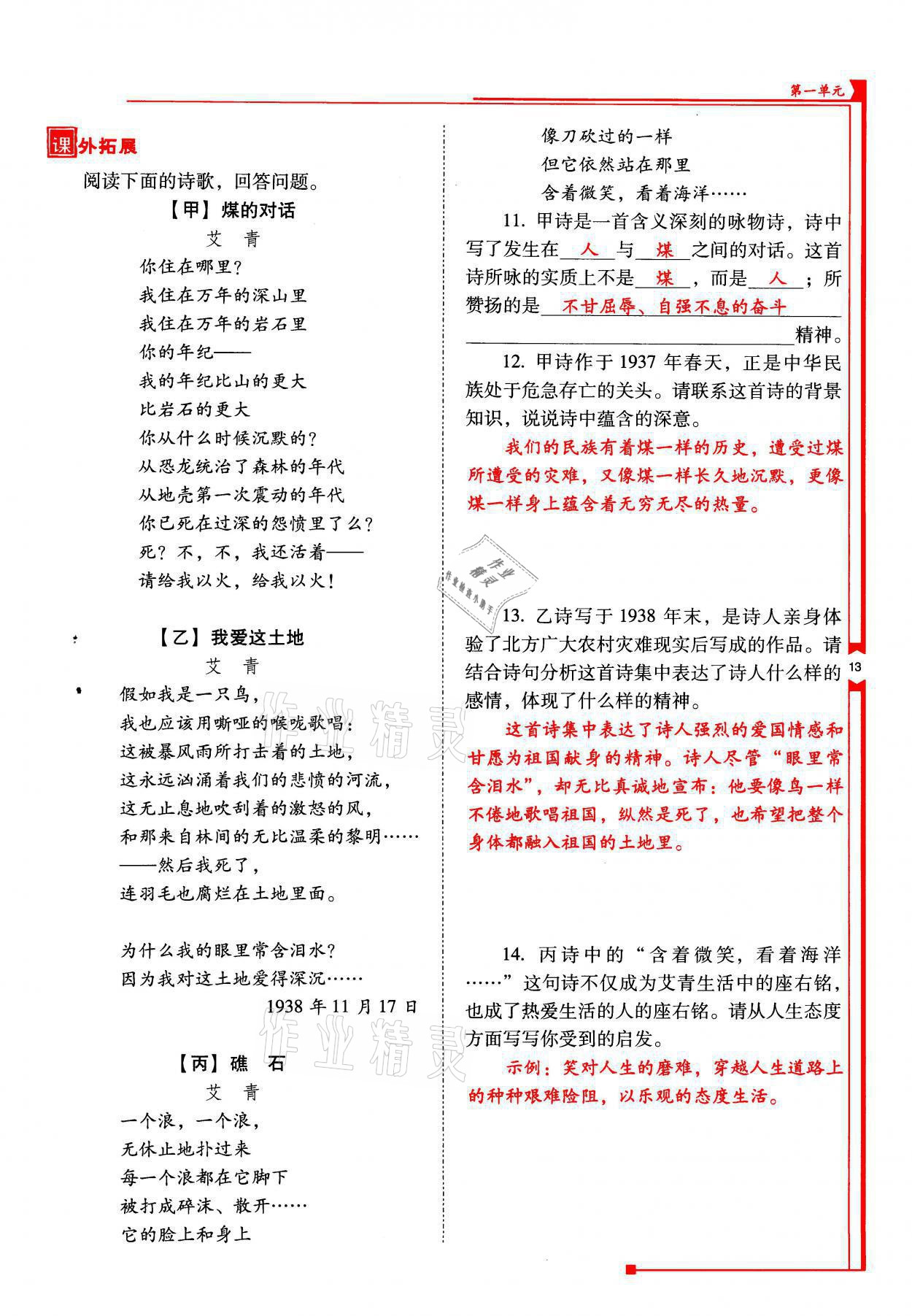 2021年云南省标准教辅优佳学案九年级语文上册人教版 参考答案第13页