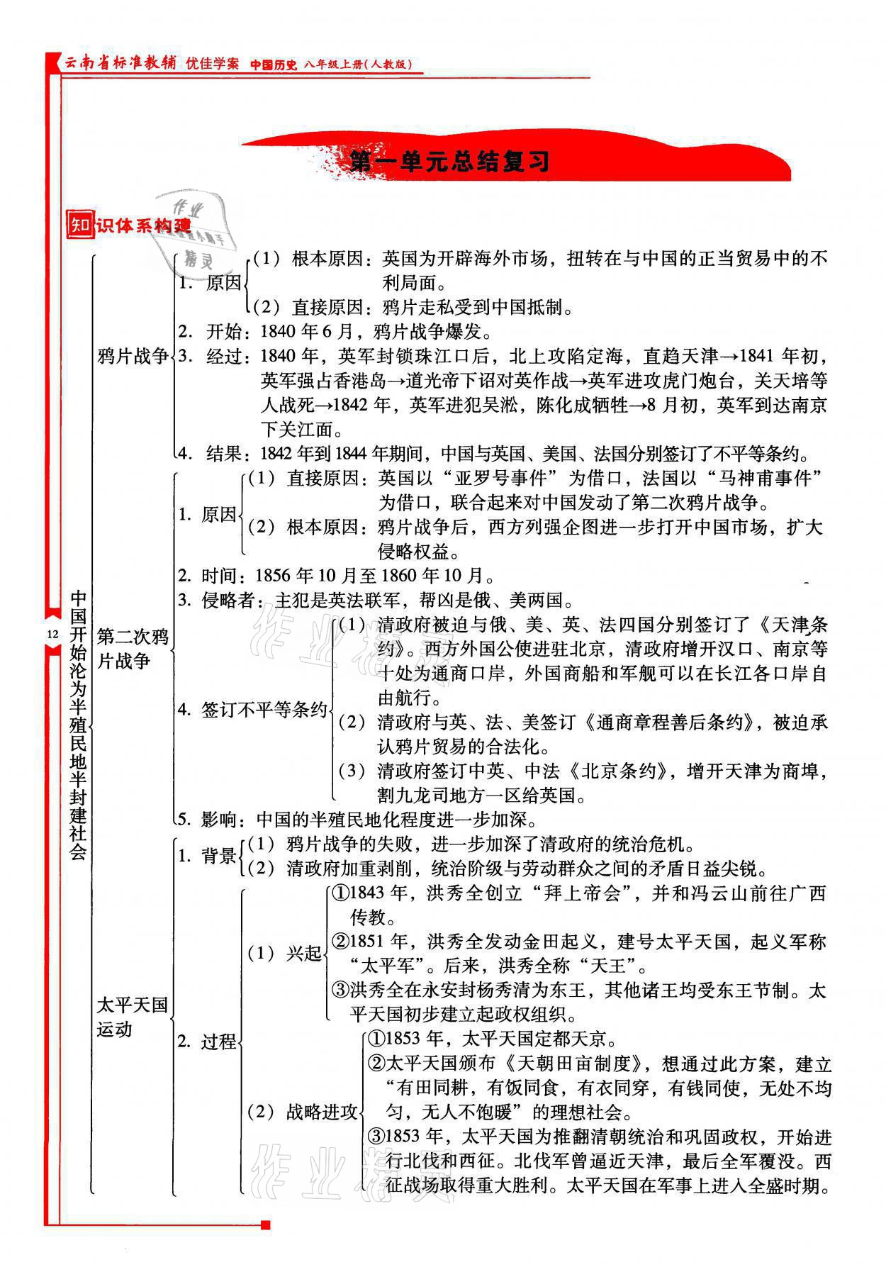 2021年云南省標(biāo)準(zhǔn)教輔優(yōu)佳學(xué)案八年級歷史上冊人教版 參考答案第12頁