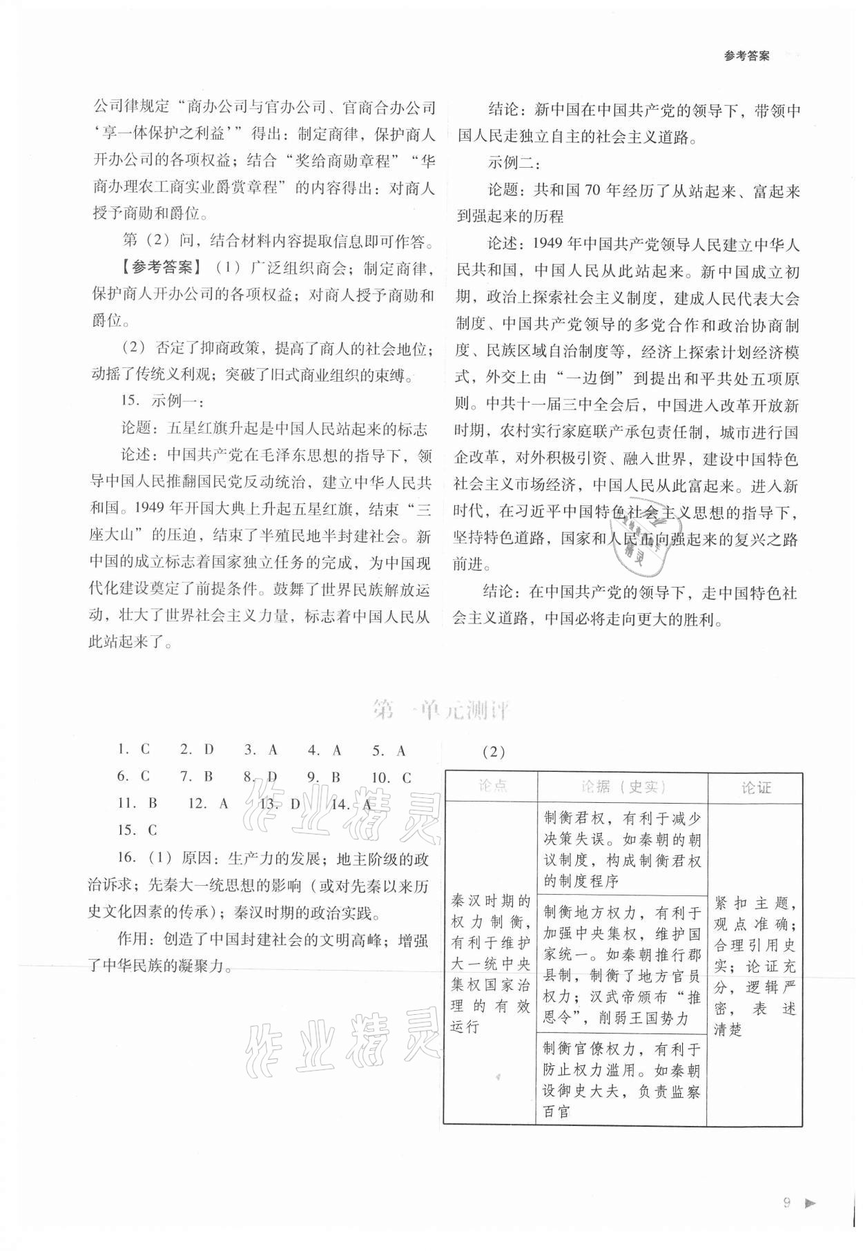 2021年普通高中新課程同步練習(xí)冊高中歷史選擇性必修1人教版 參考答案第9頁