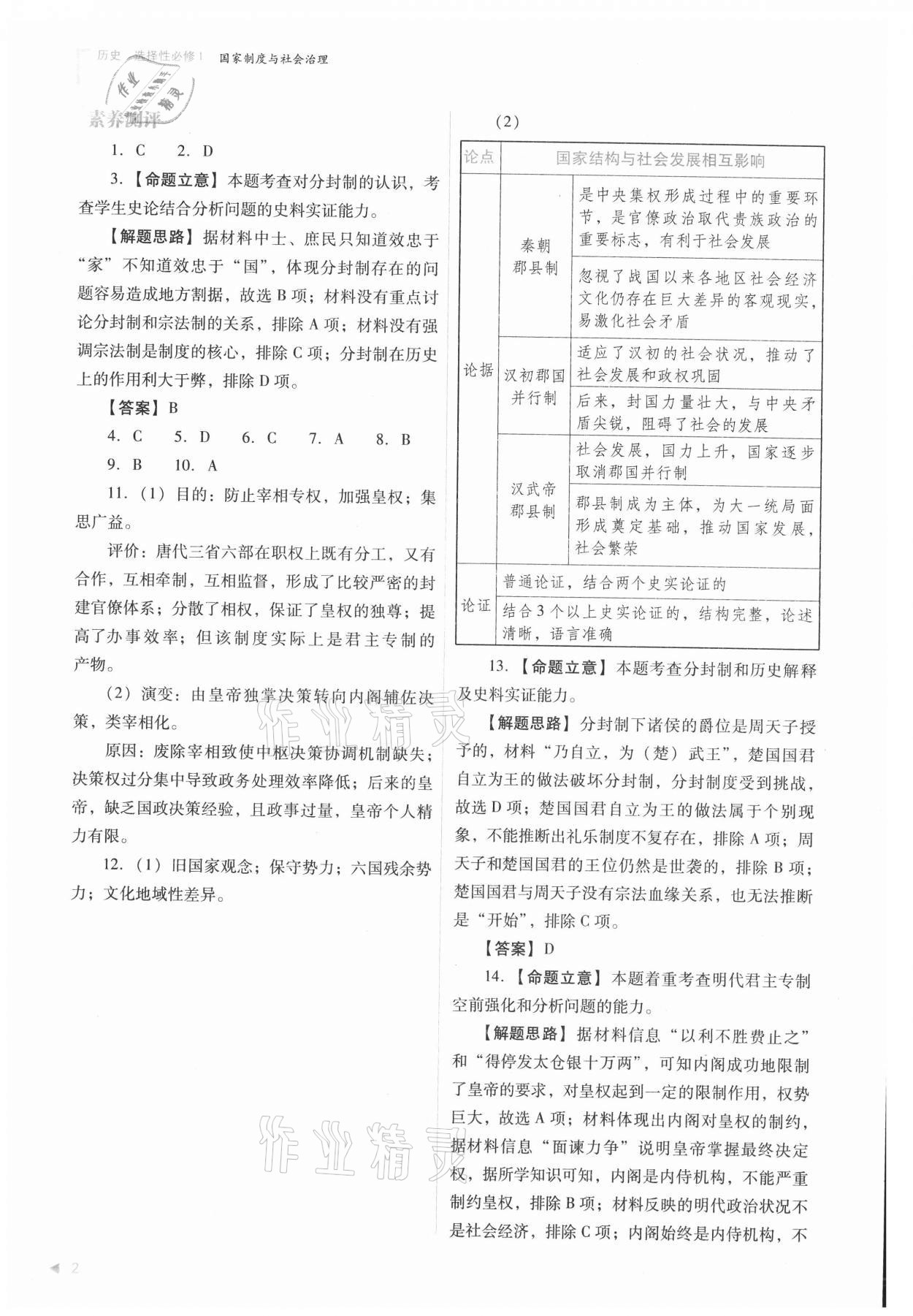 2021年普通高中新课程同步练习册高中历史选择性必修1人教版 参考答案第2页