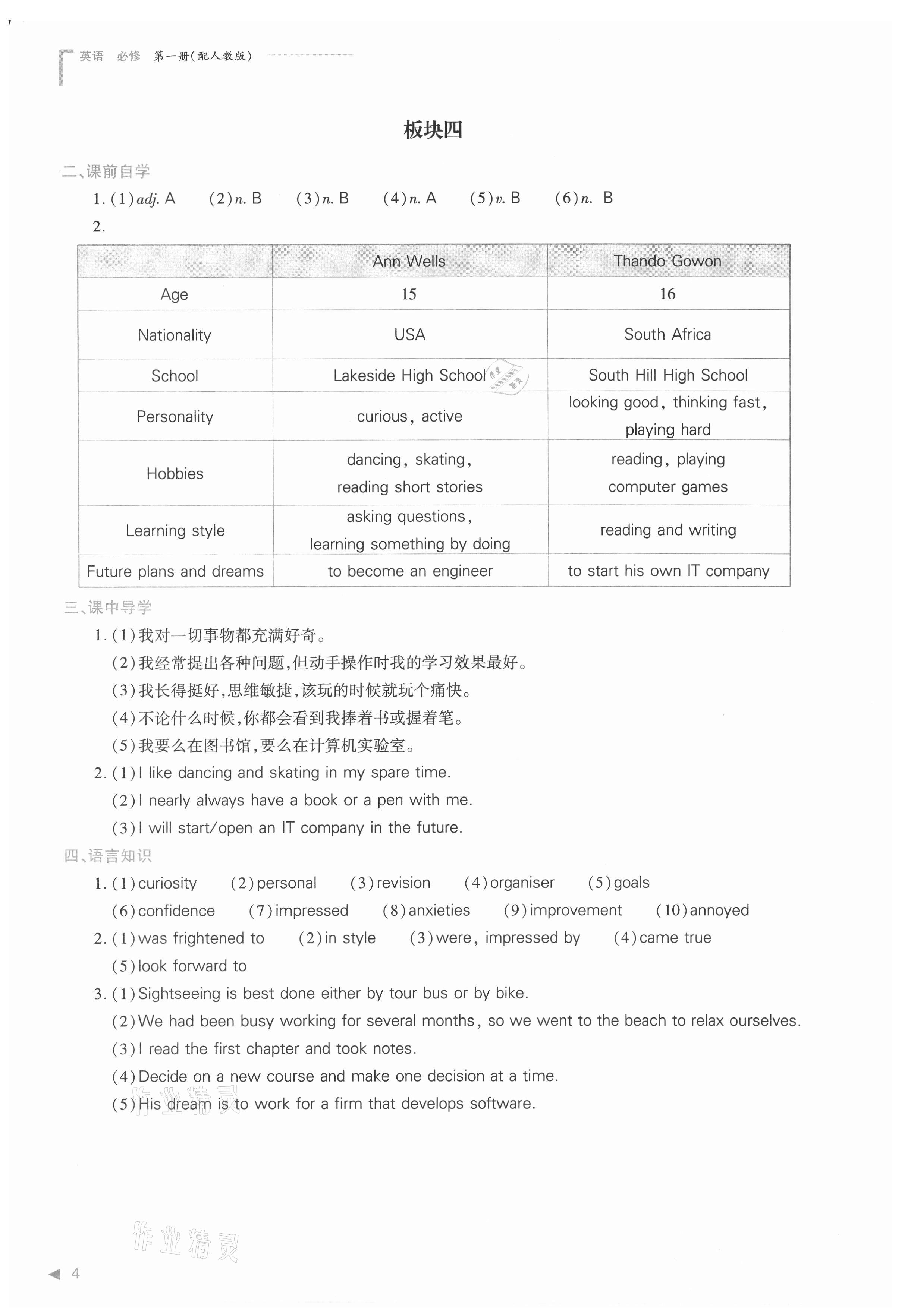 2021年普通高中新課程同步練習(xí)冊(cè)高中英語(yǔ)必修第一冊(cè)人教版 參考答案第4頁(yè)