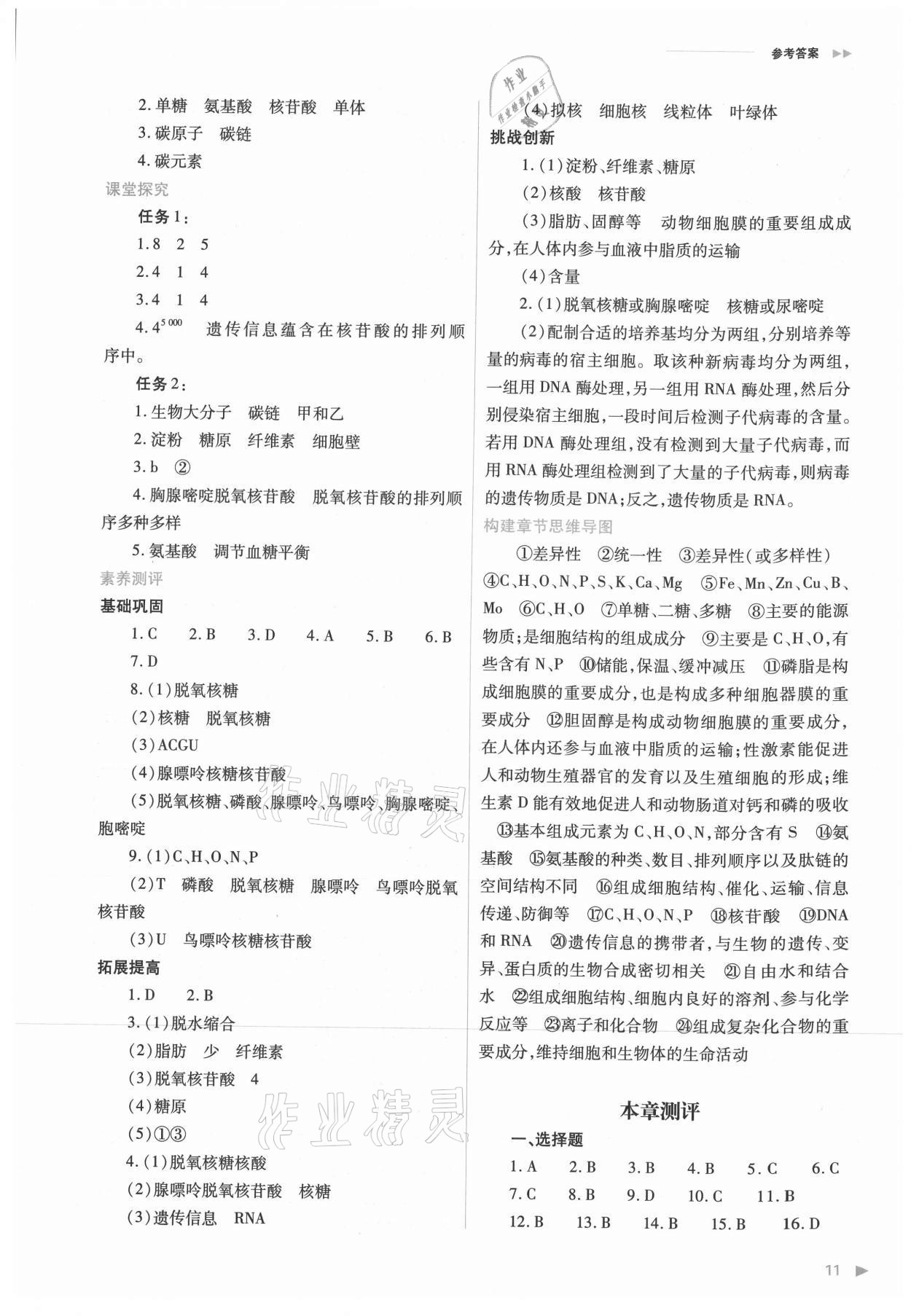 2021年普通高中新課程同步練習(xí)冊高中生物必修1分子與細胞人教版 參考答案第11頁