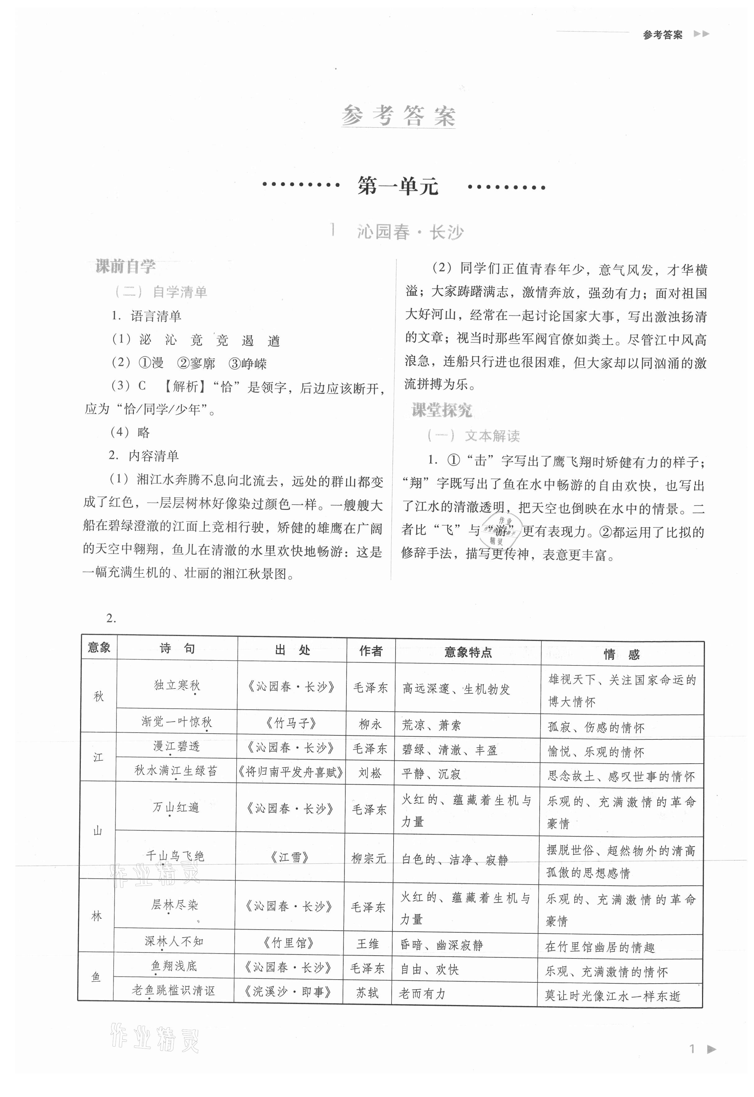 2021年普通高中新课程同步练习册高中语文必修上册人教版 参考答案第1页