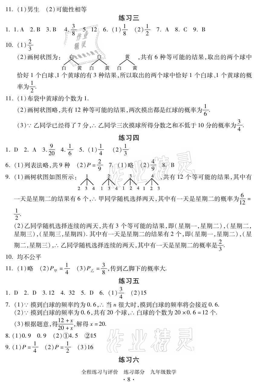 2021年全程练习与评价九年级数学全一册浙教版 参考答案第8页