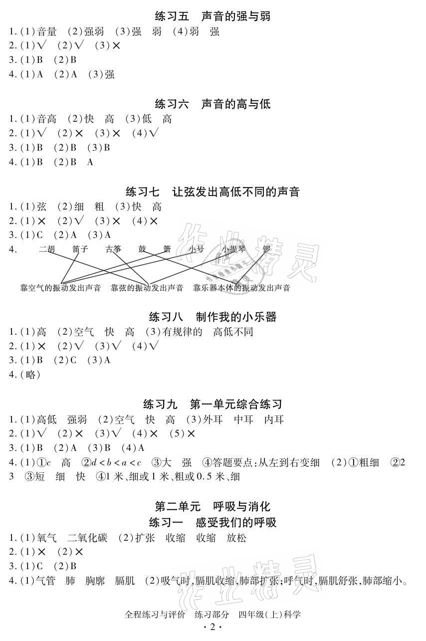 2021年全程練習與評價四年級科學上冊教科版 參考答案第2頁