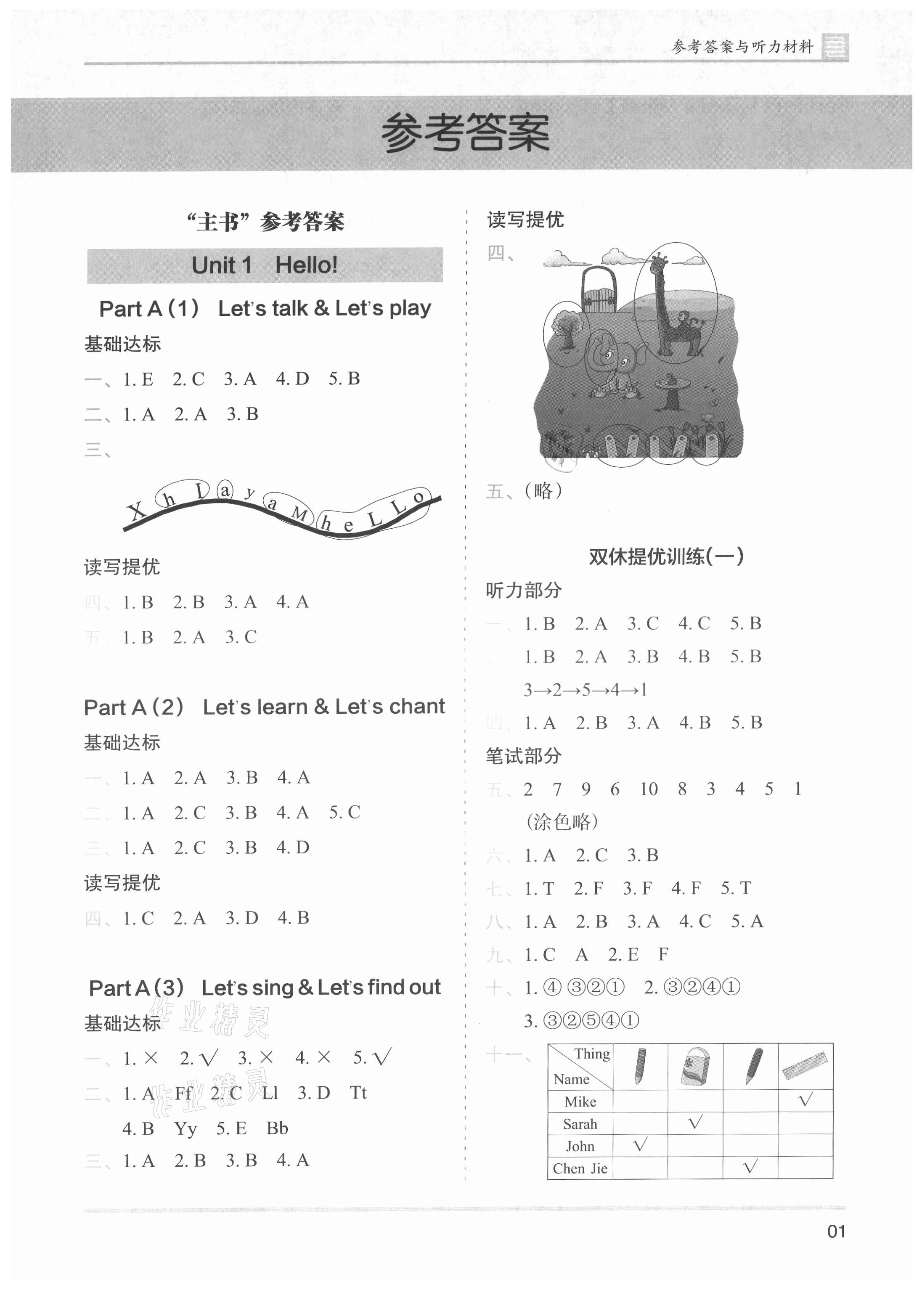 2021年木頭馬分層課課練三年級英語上冊人教版 參考答案第1頁