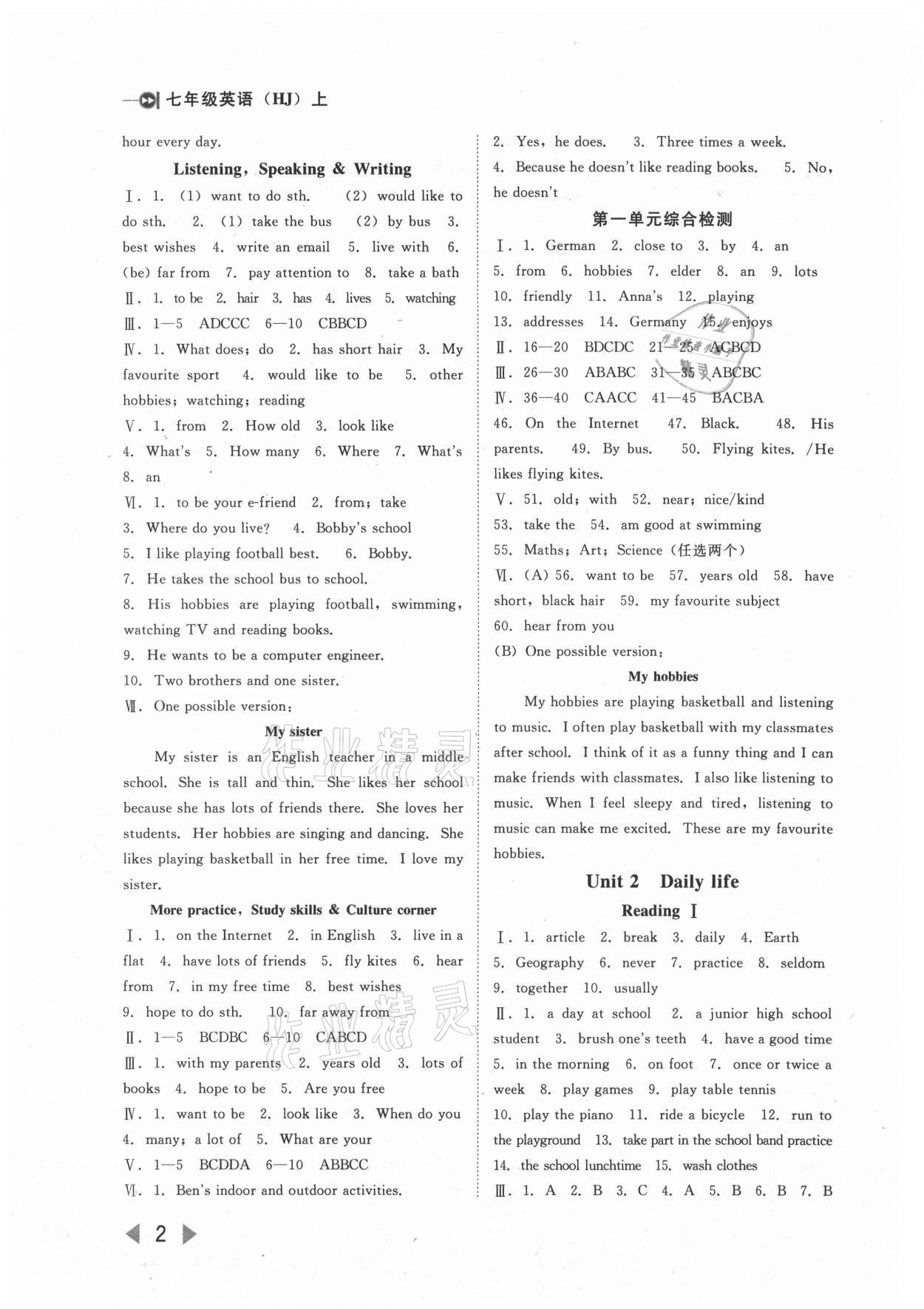 2021年胜券在握打好基础金牌作业本七年级英语上册沪教版 参考答案第2页