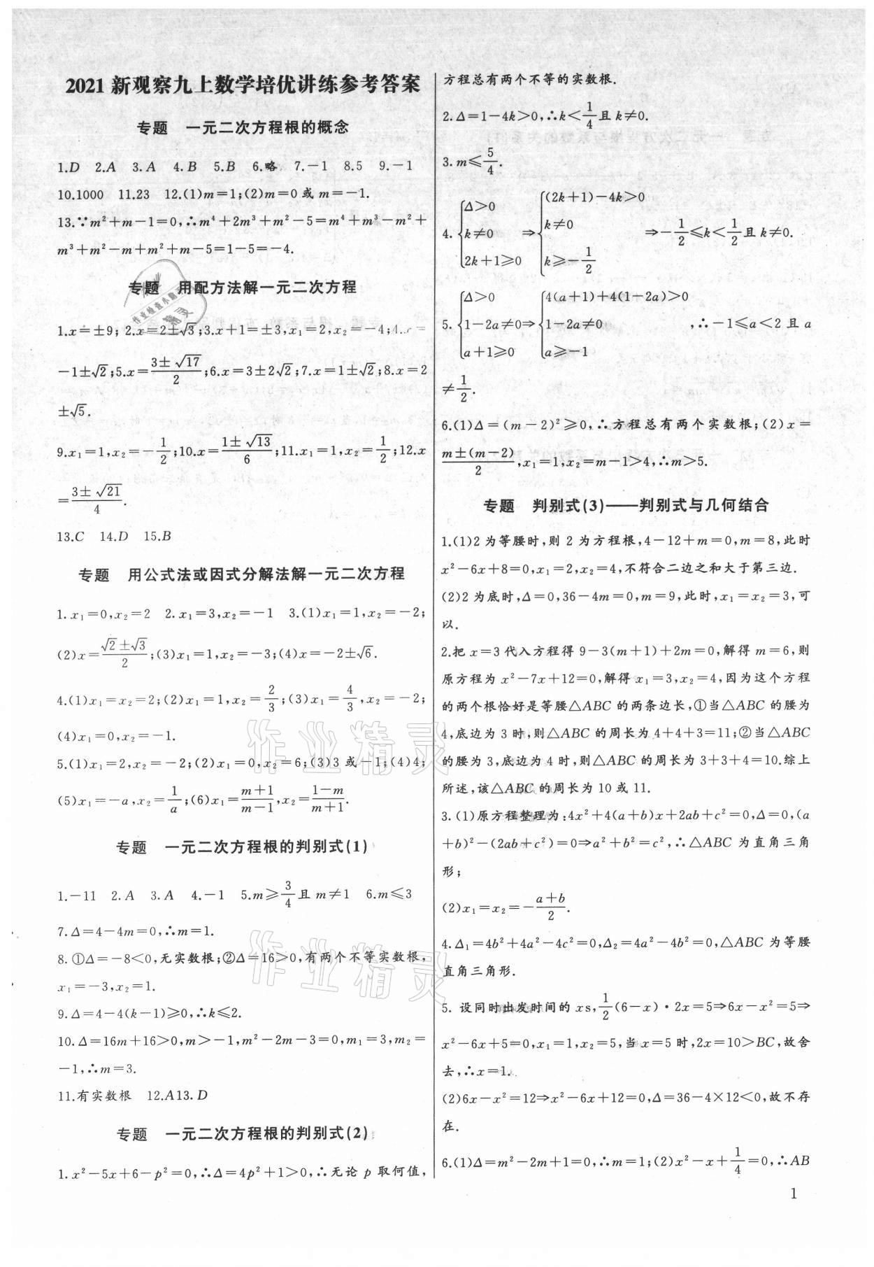 2021年新课堂新观察培优讲练九年级数学 参考答案第1页