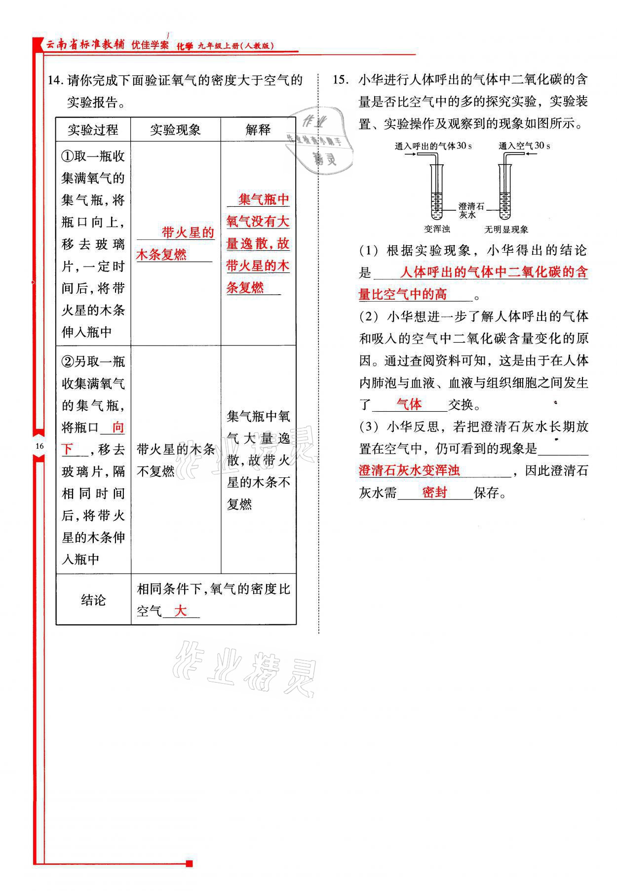 2021年云南省標準教輔優(yōu)佳學案九年級化學上冊人教版 參考答案第16頁