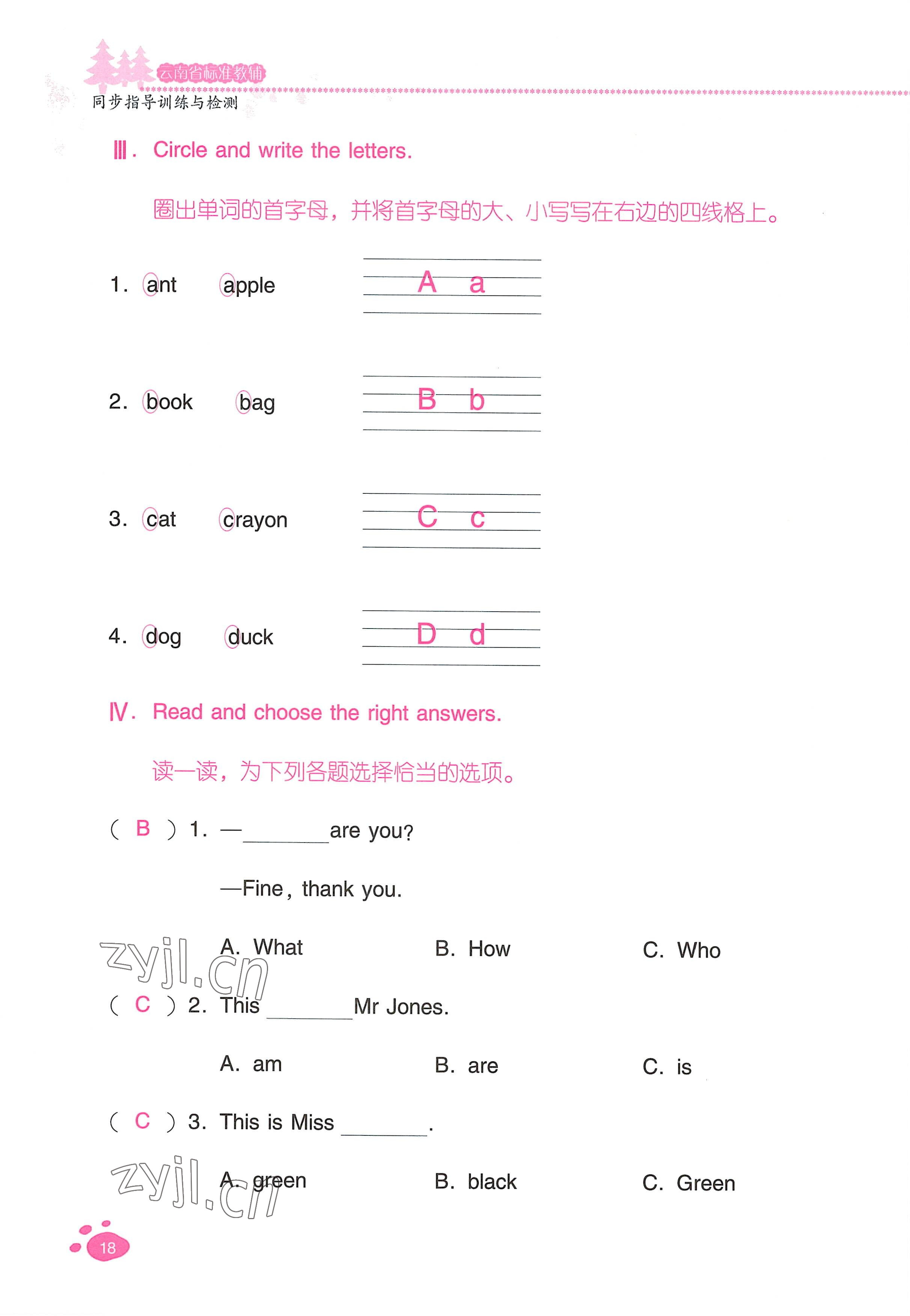 2021年云南省標(biāo)準(zhǔn)教輔同步指導(dǎo)訓(xùn)練與檢測(cè)三年級(jí)英語(yǔ)上冊(cè)人教版 參考答案第17頁(yè)