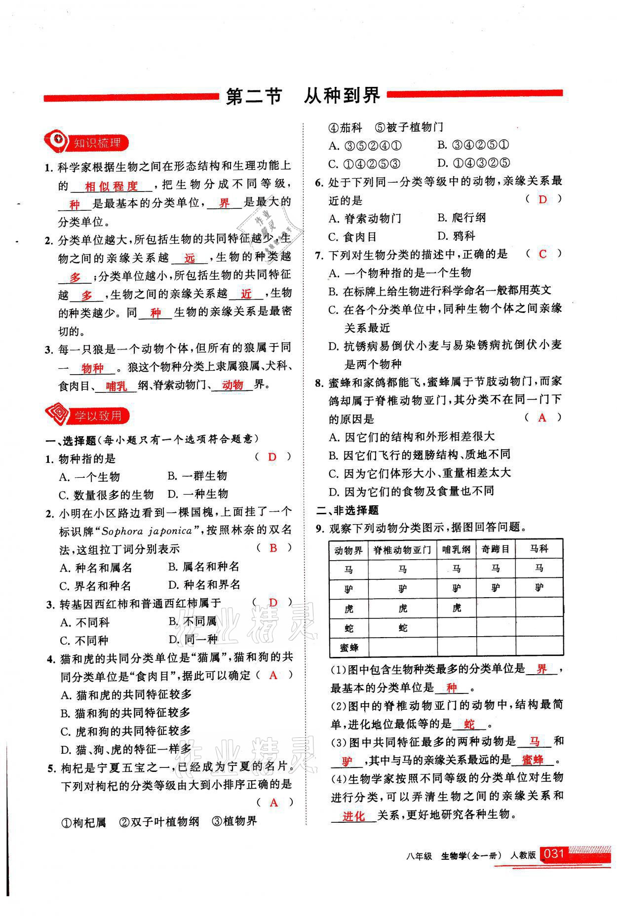 2021年學(xué)習(xí)之友八年級生物全一冊人教版 參考答案第31頁