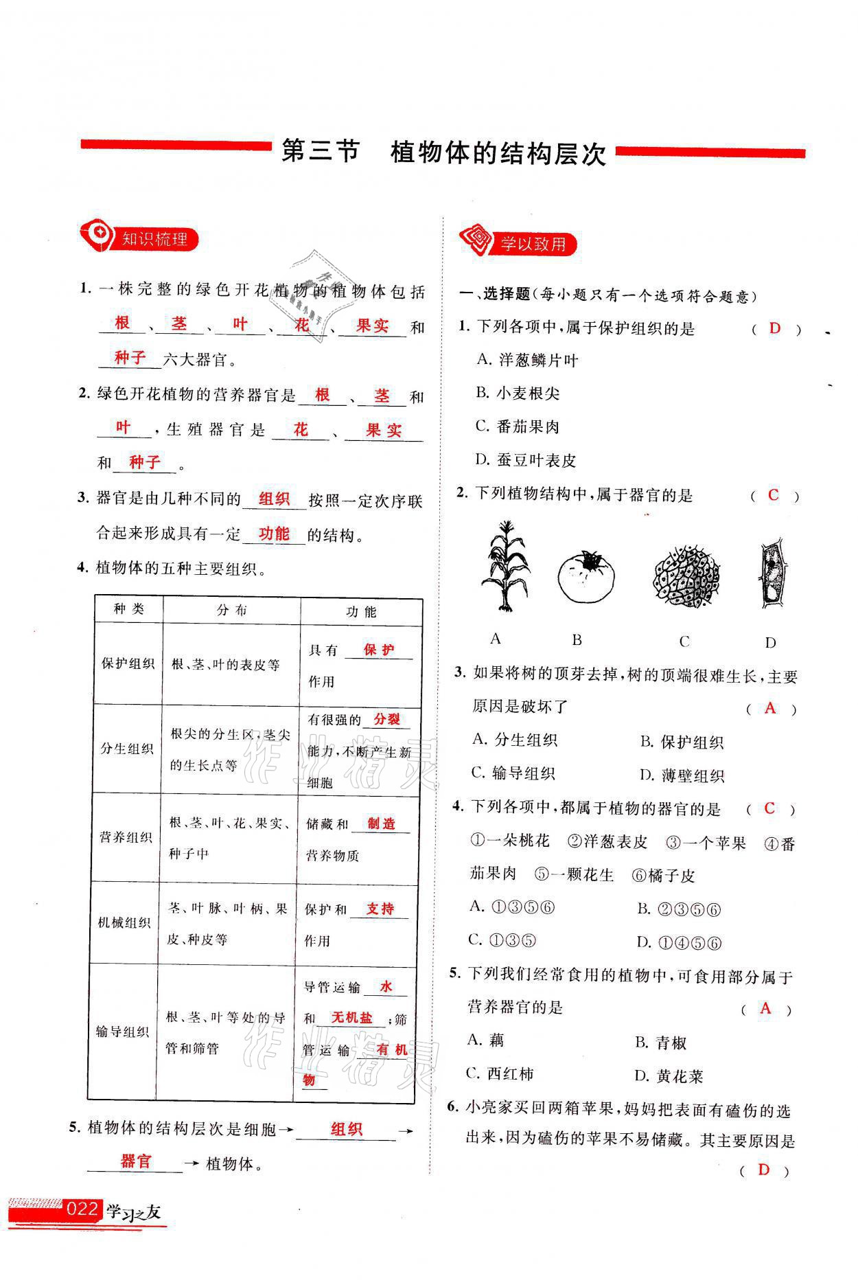 2021年學(xué)習(xí)之友七年級(jí)生物全一冊(cè)人教版 參考答案第22頁