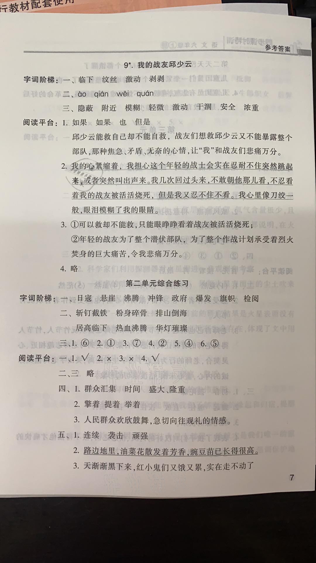 2021年浙江新课程三维目标测评课时特训六年级语文上册人教版 参考答案第7页