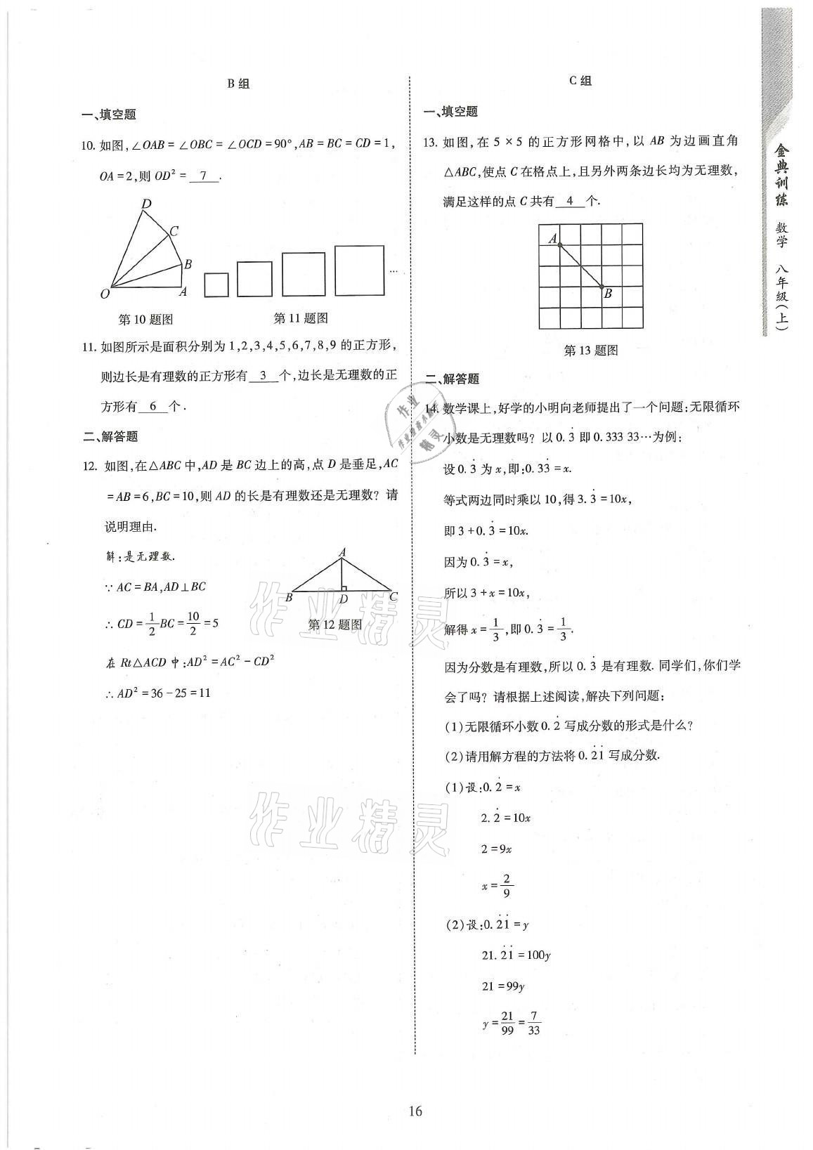 2021年金典训练八年级数学上册北师大版 参考答案第16页